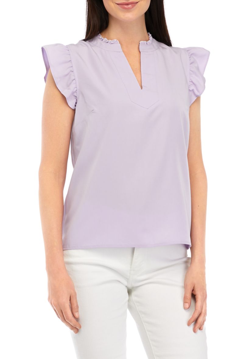Plus Size Short Flutter Sleeve Split Neck Popover Top
