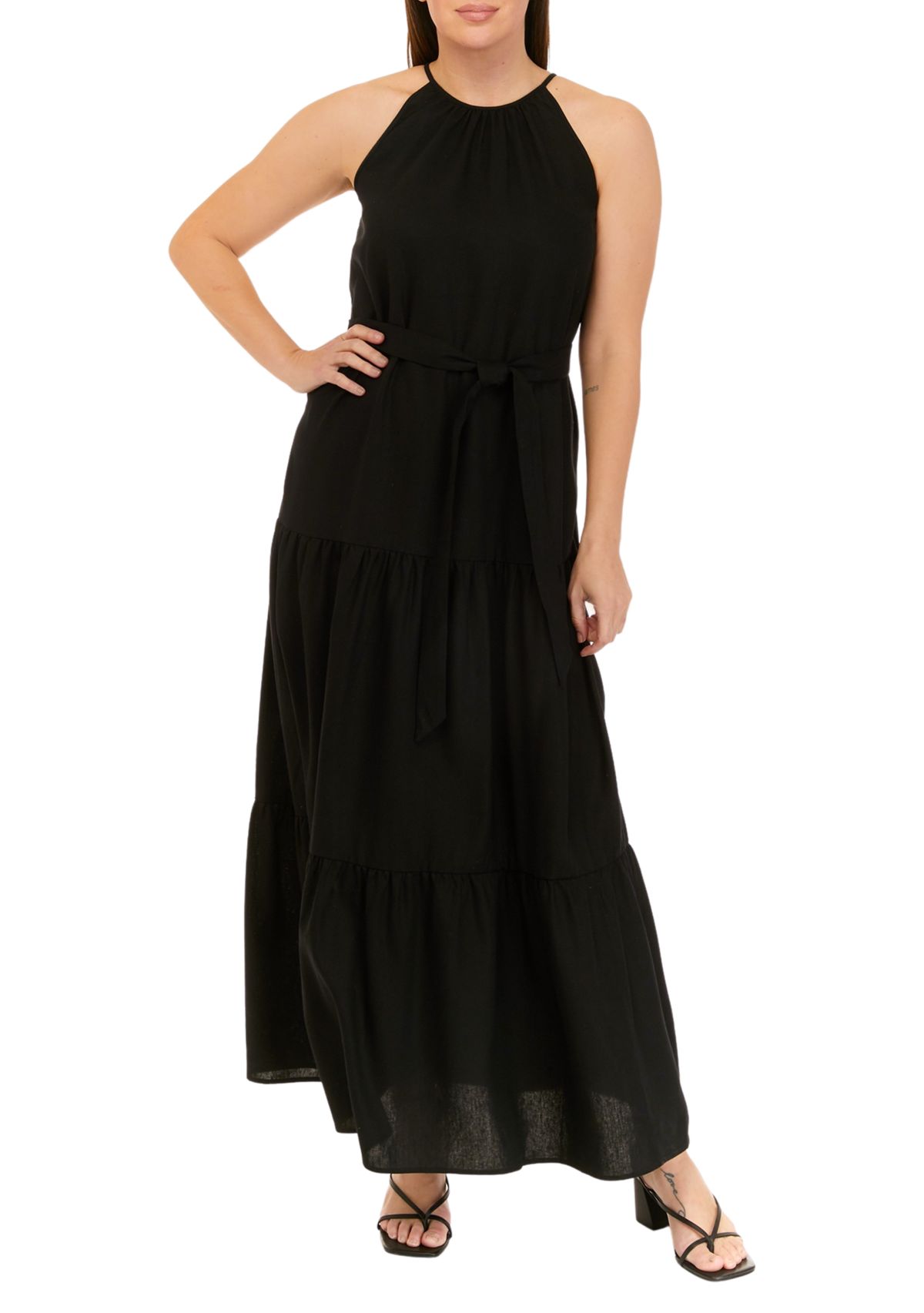 Womens Linen Tiered Halter Maxi Dress