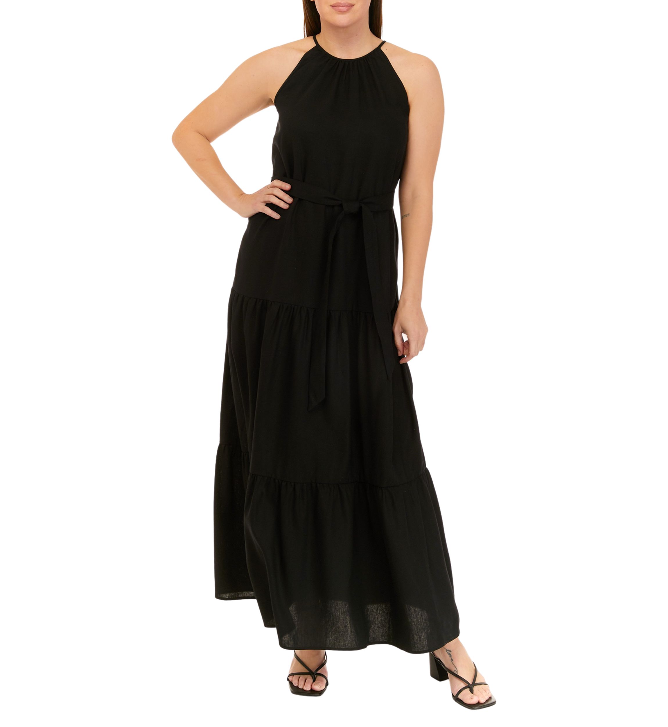 Womens Linen Tiered Halter Maxi Dress