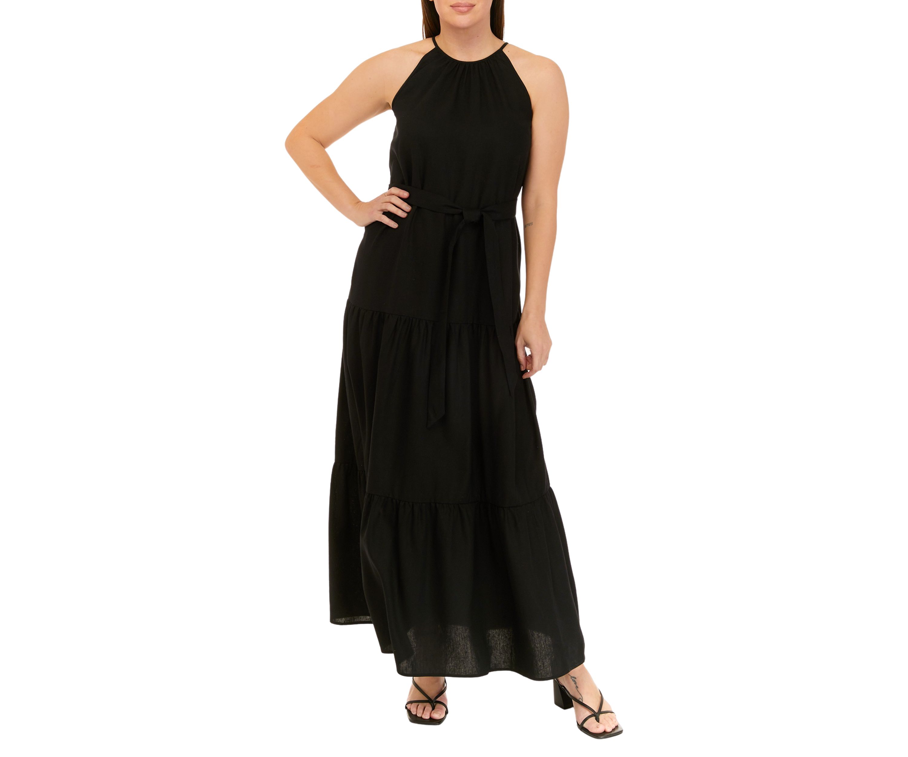 Womens Linen Tiered Halter Maxi Dress