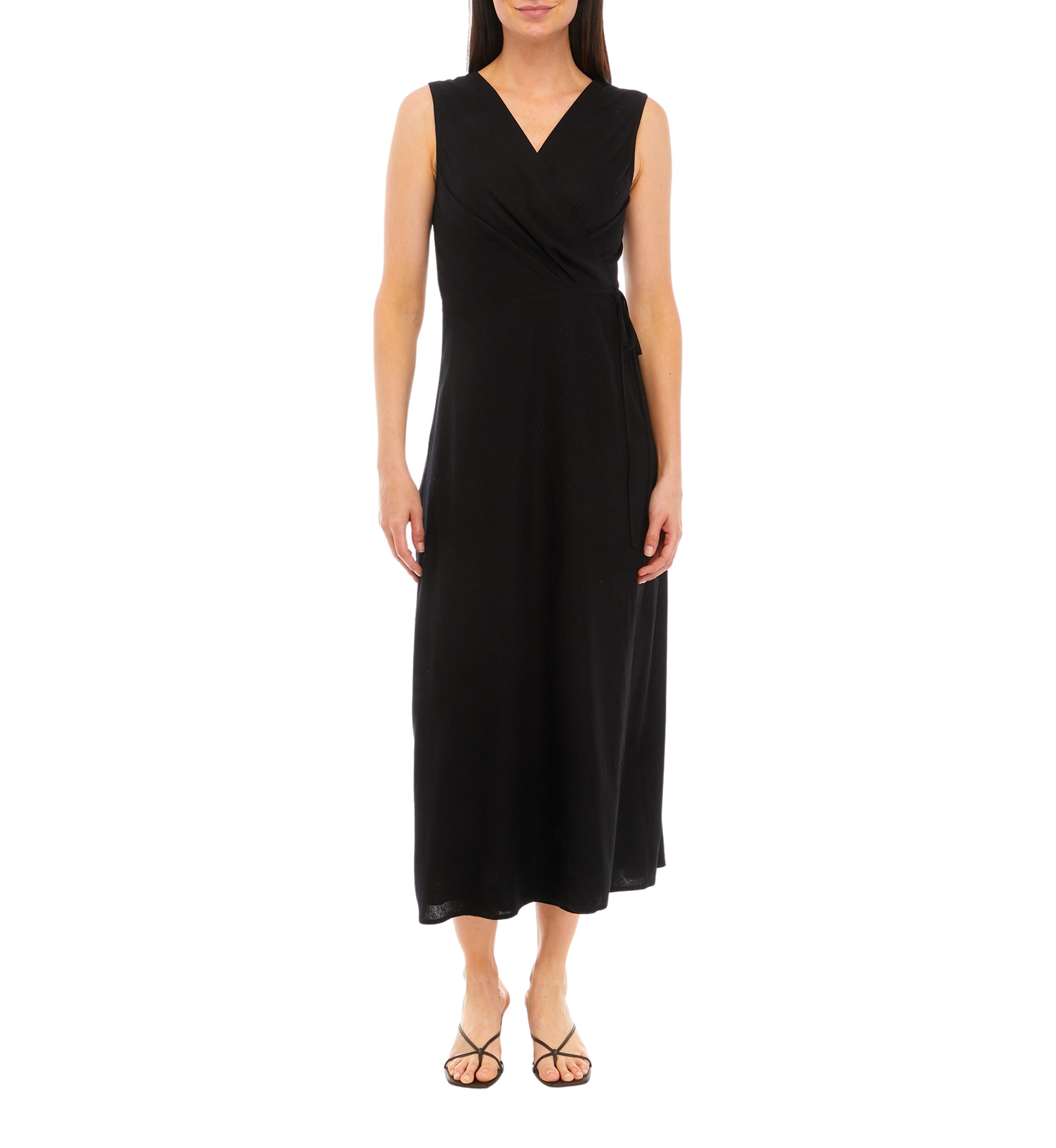 Womens Sleeveless Linen Midi Wrap Dress