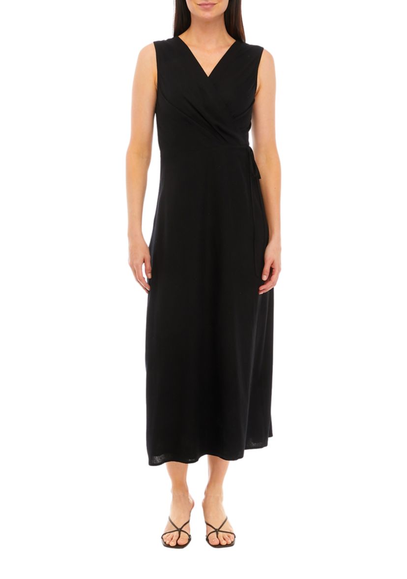 Womens Sleeveless Linen Midi Wrap Dress