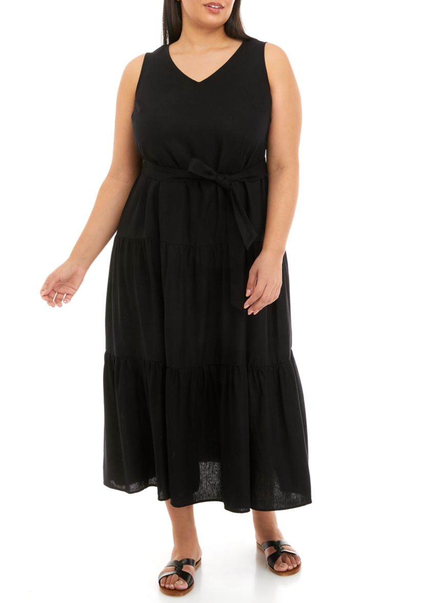 Plus Size Sleeveless Linen Tiered Maxi Dress