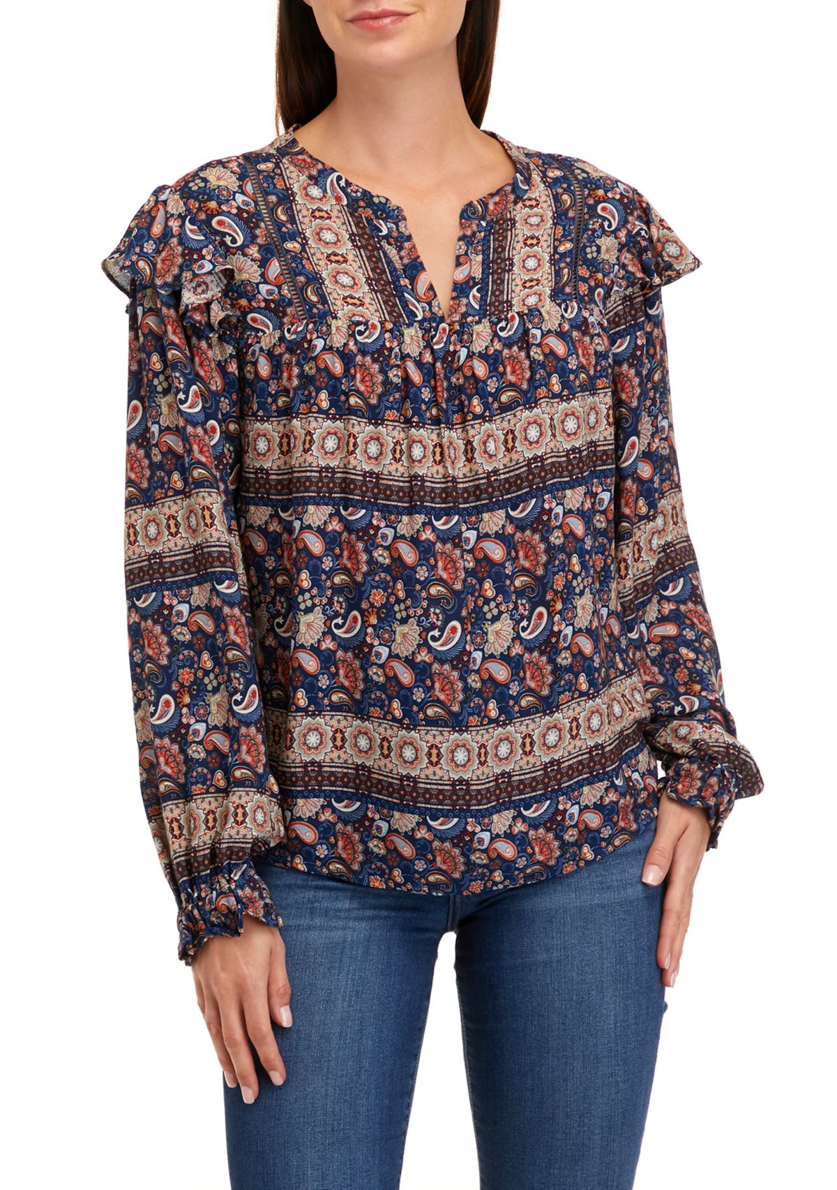 Womens Printed Split Neck Woven Top