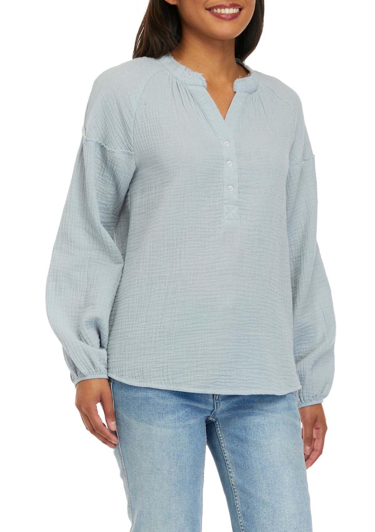 Womens Long Sleeve Gauze Popover Woven Top