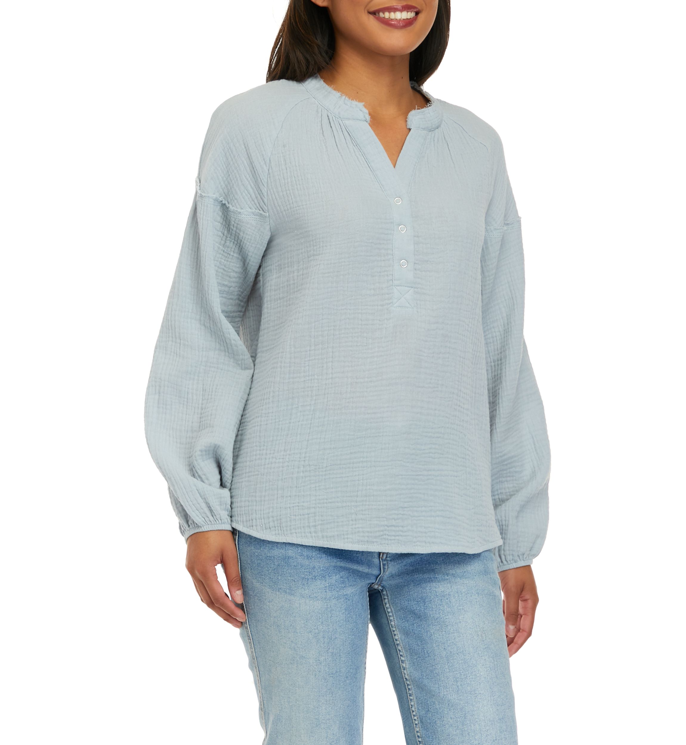 Womens Long Sleeve Gauze Popover Woven Top