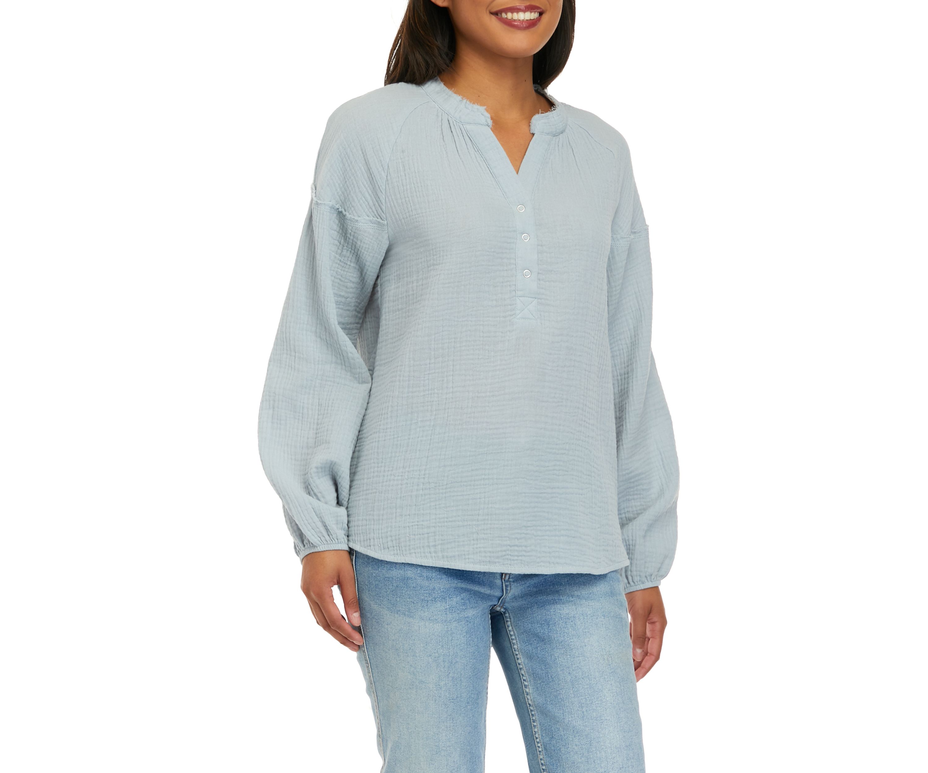 Womens Long Sleeve Gauze Popover Woven Top