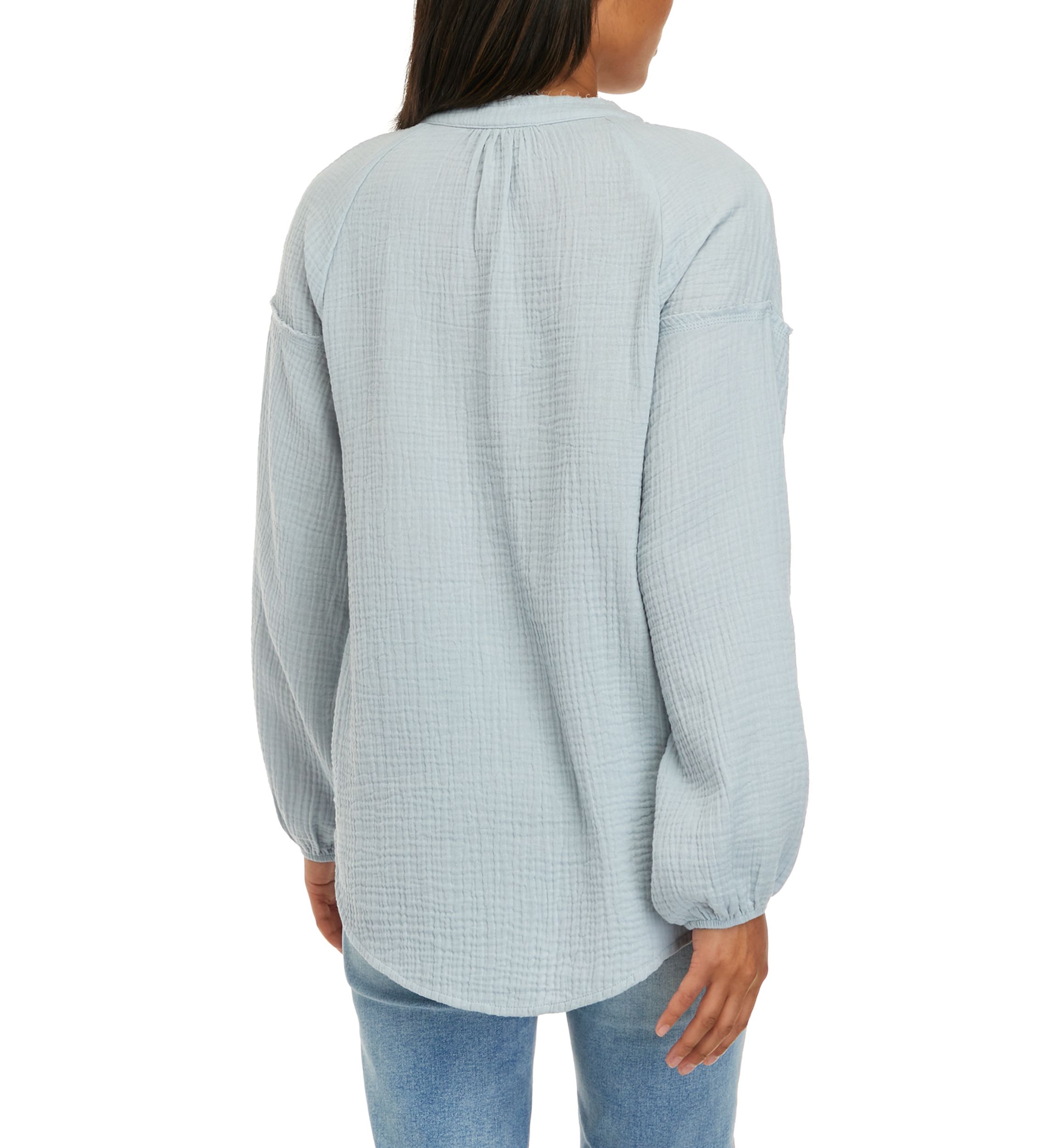 Womens Long Sleeve Gauze Popover Woven Top