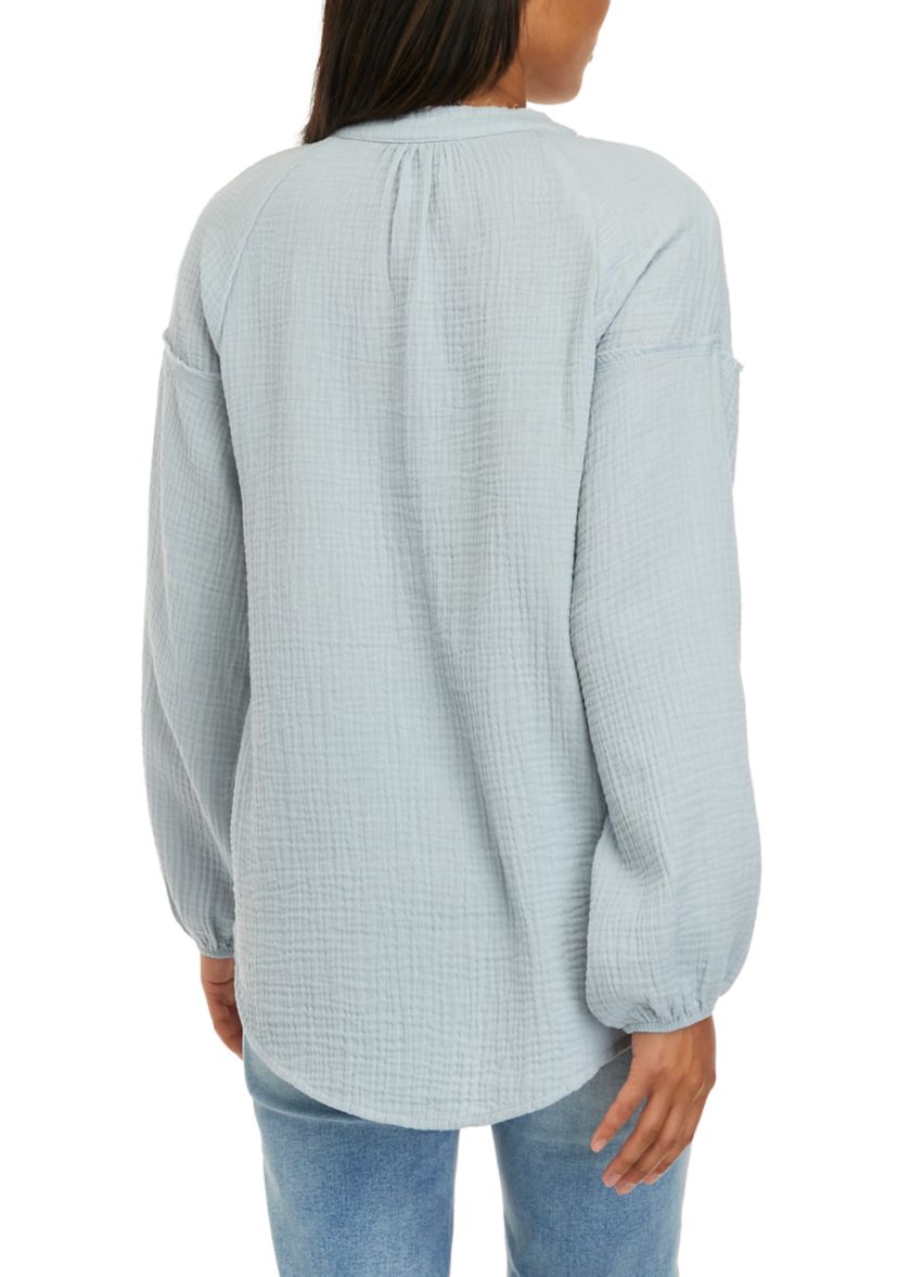 Womens Long Sleeve Gauze Popover Woven Top