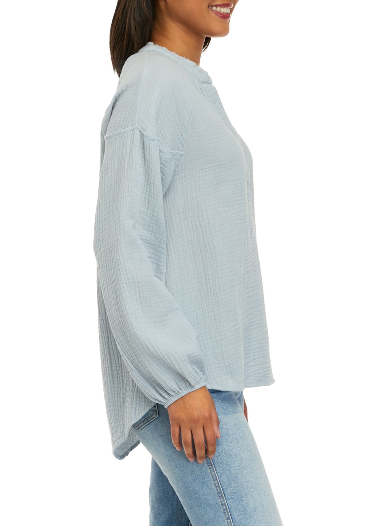Womens Long Sleeve Gauze Popover Woven Top