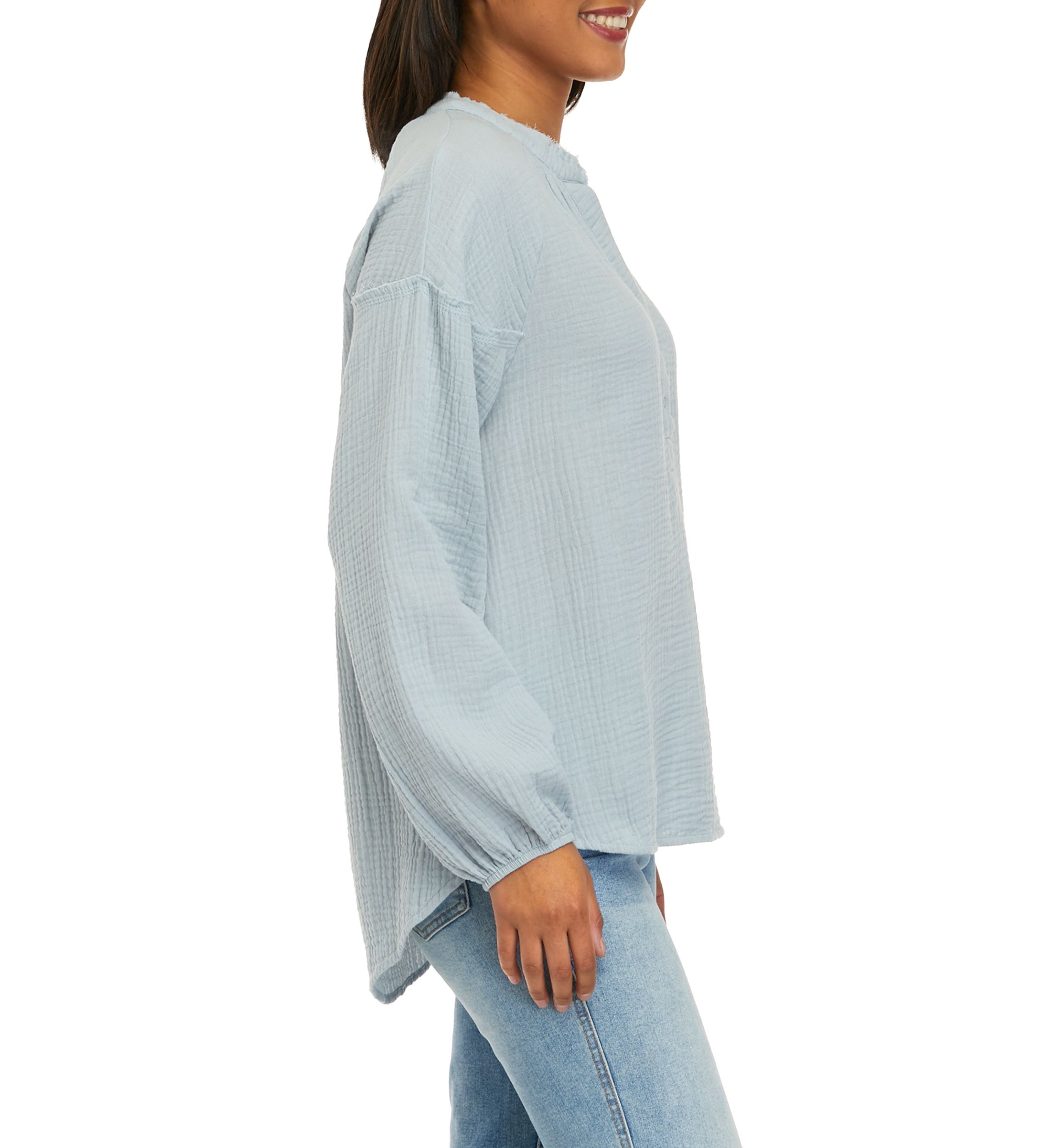 Womens Long Sleeve Gauze Popover Woven Top