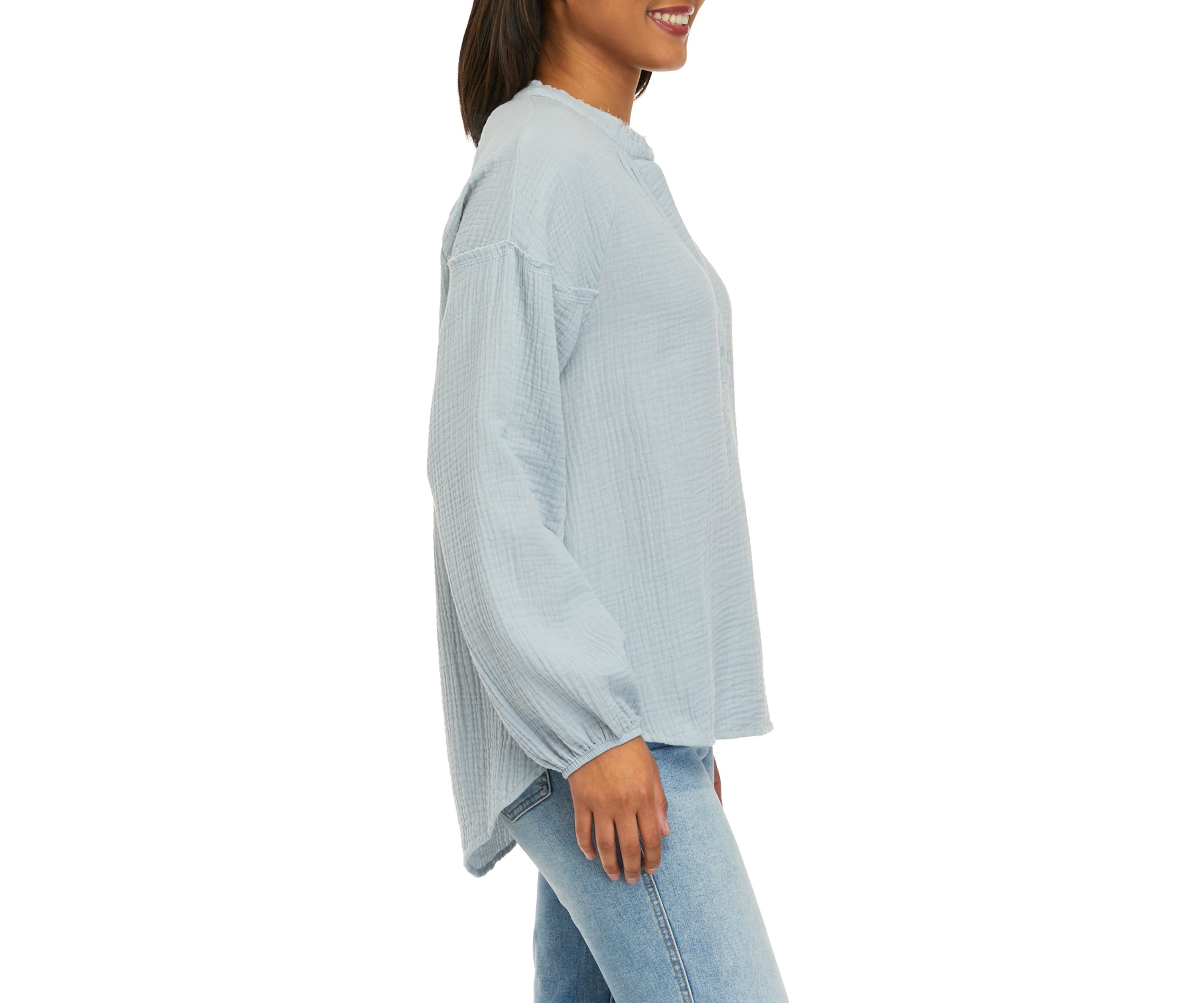 Womens Long Sleeve Gauze Popover Woven Top