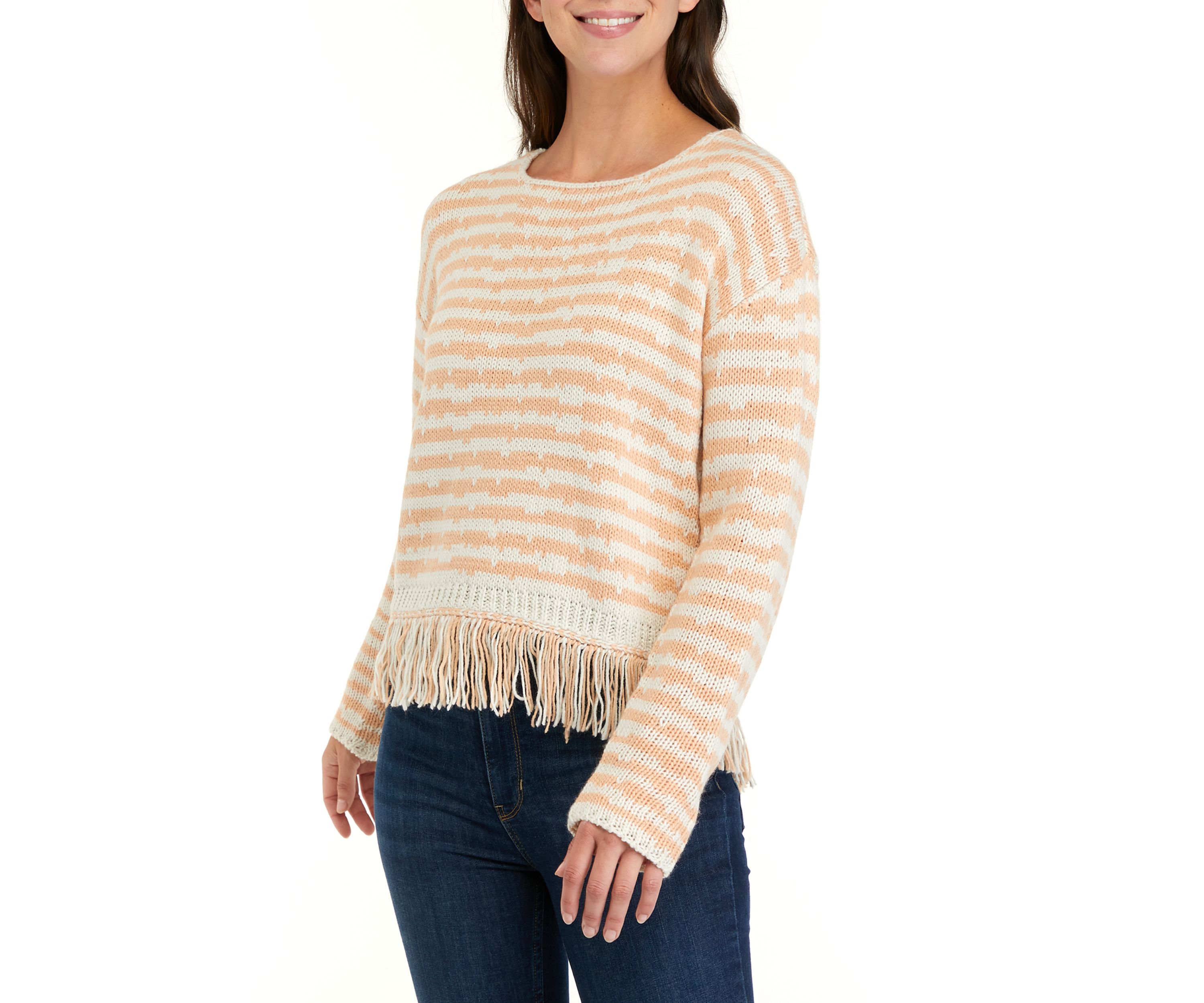 Womens Drop Shoulder Fringe Detail Striped Sweater 