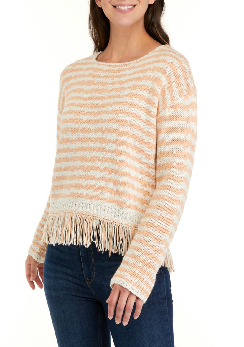 Womens Drop Shoulder Fringe Detail Striped Sweater 