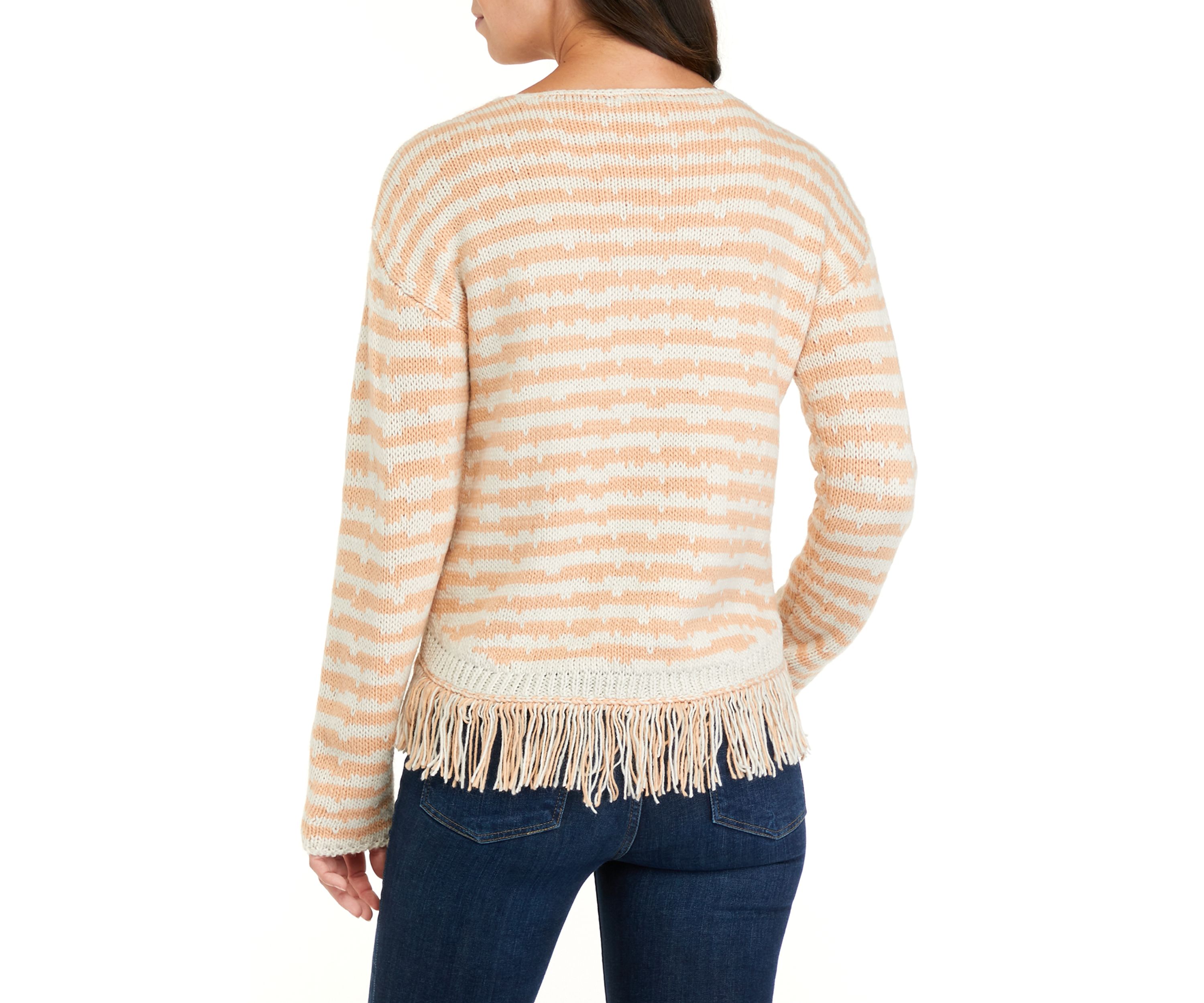 Womens Drop Shoulder Fringe Detail Striped Sweater 