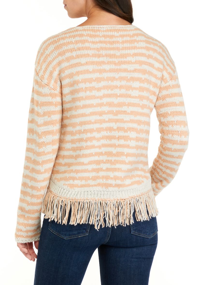 Womens Drop Shoulder Fringe Detail Striped Sweater 