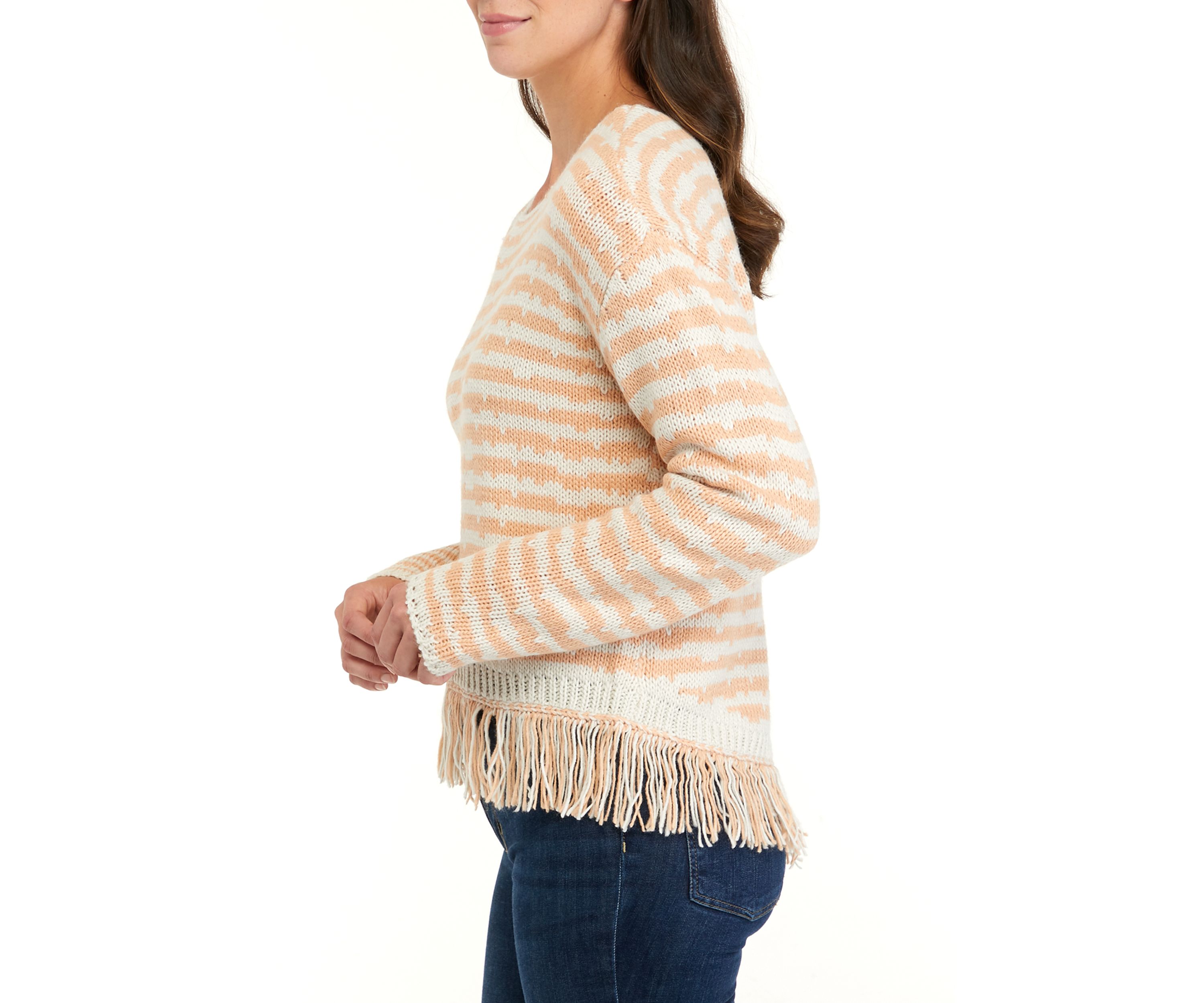 Womens Drop Shoulder Fringe Detail Striped Sweater 