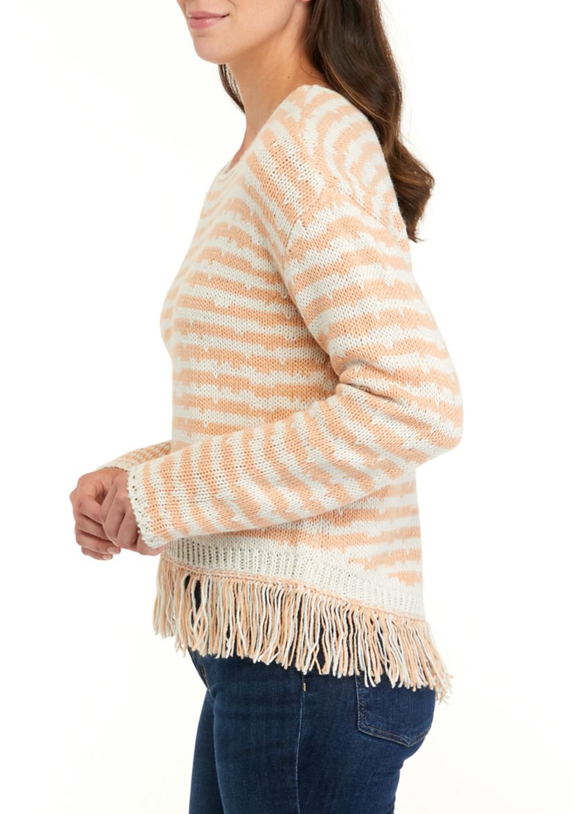 Womens Drop Shoulder Fringe Detail Striped Sweater 