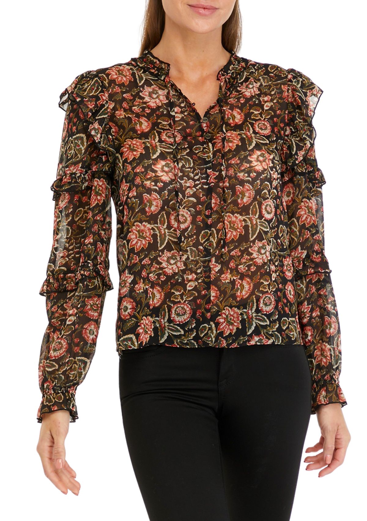 Womens Long Sleeve Chiffon Ruffle Peasant Top