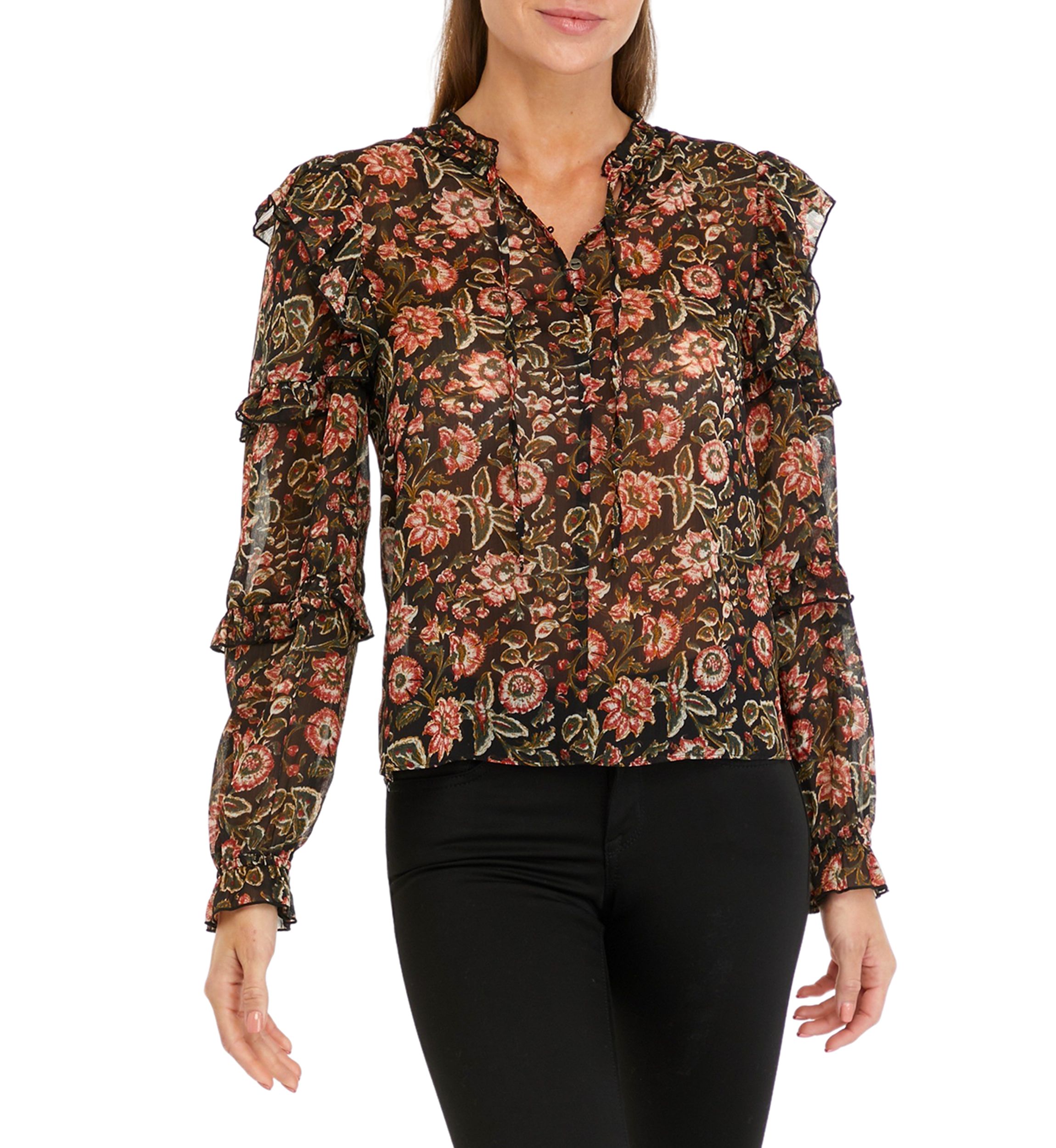 Womens Long Sleeve Chiffon Ruffle Peasant Top