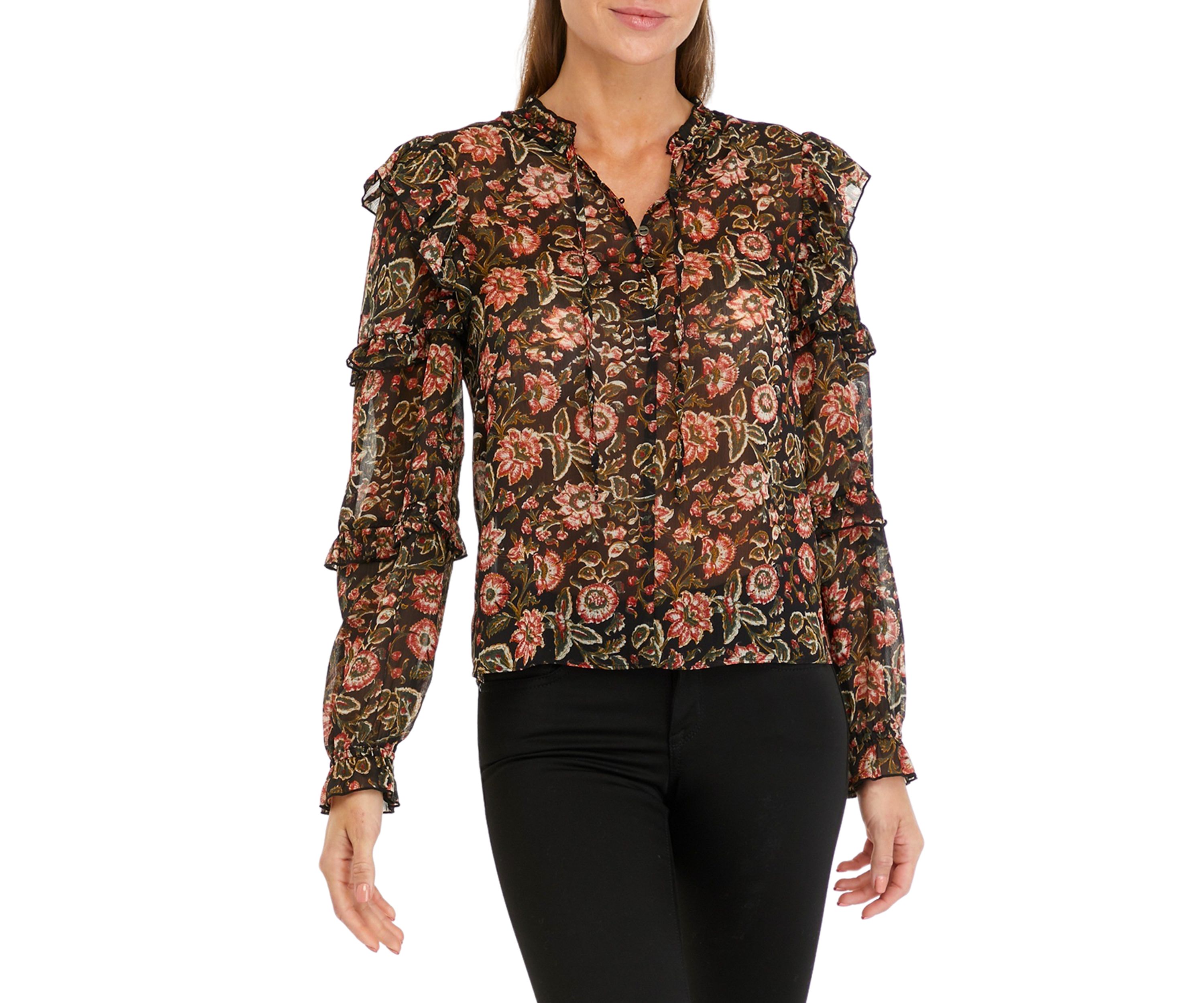 Womens Long Sleeve Chiffon Ruffle Peasant Top