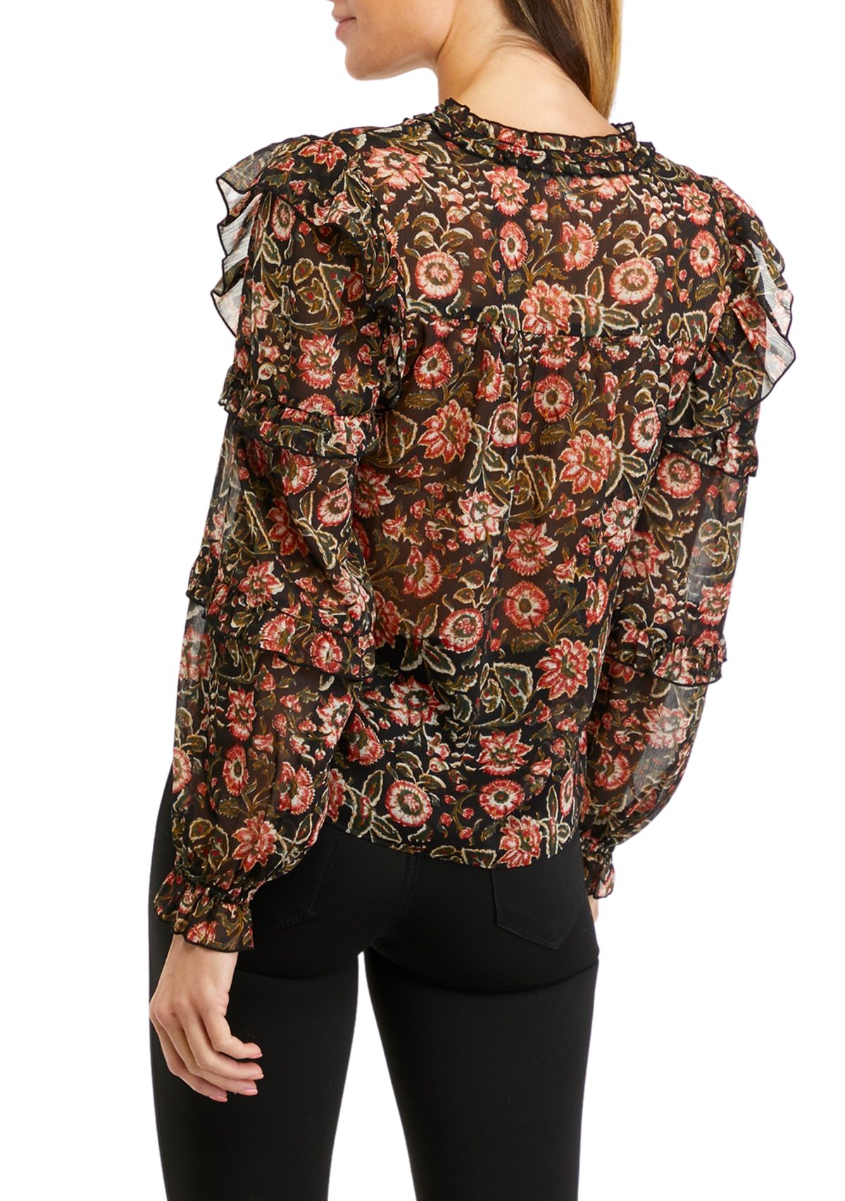 Womens Long Sleeve Chiffon Ruffle Peasant Top