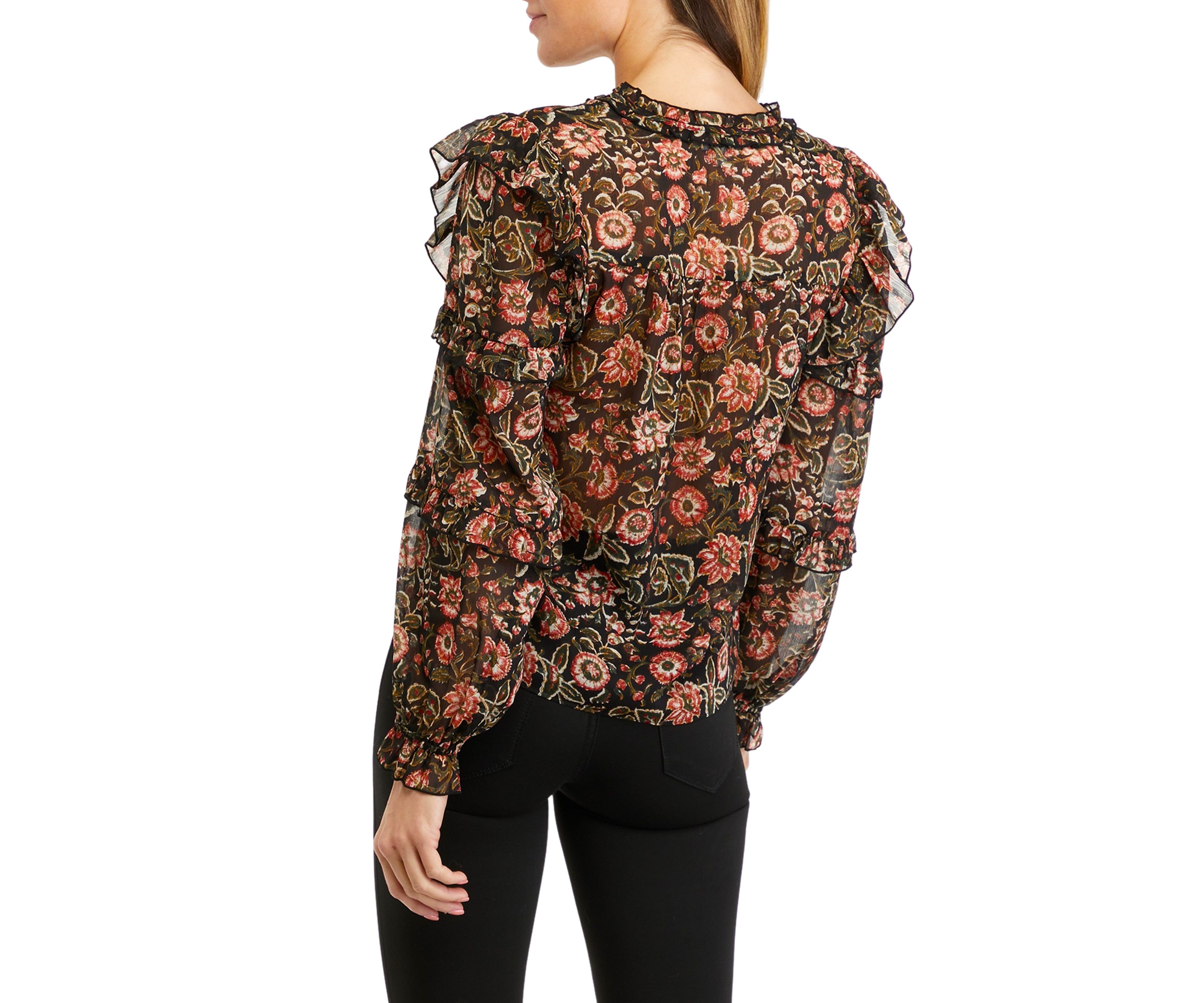 Womens Long Sleeve Chiffon Ruffle Peasant Top