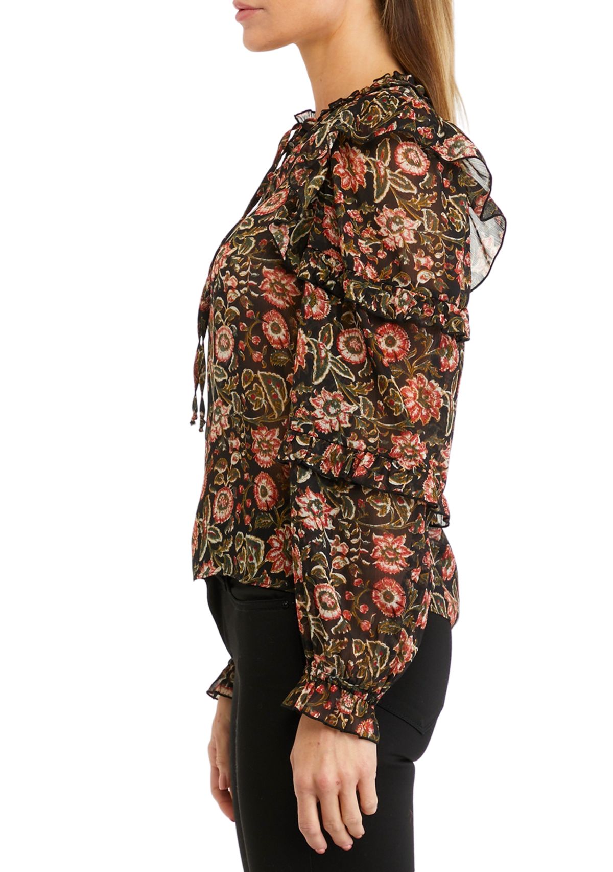 Womens Long Sleeve Chiffon Ruffle Peasant Top