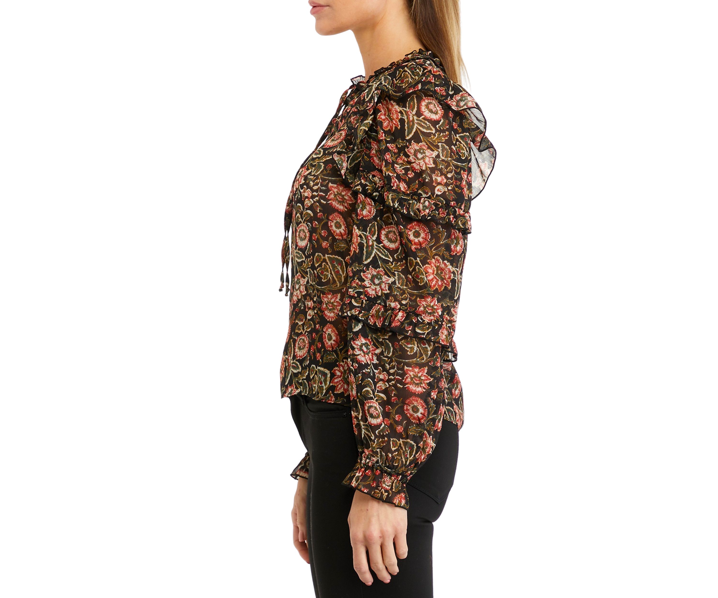 Womens Long Sleeve Chiffon Ruffle Peasant Top