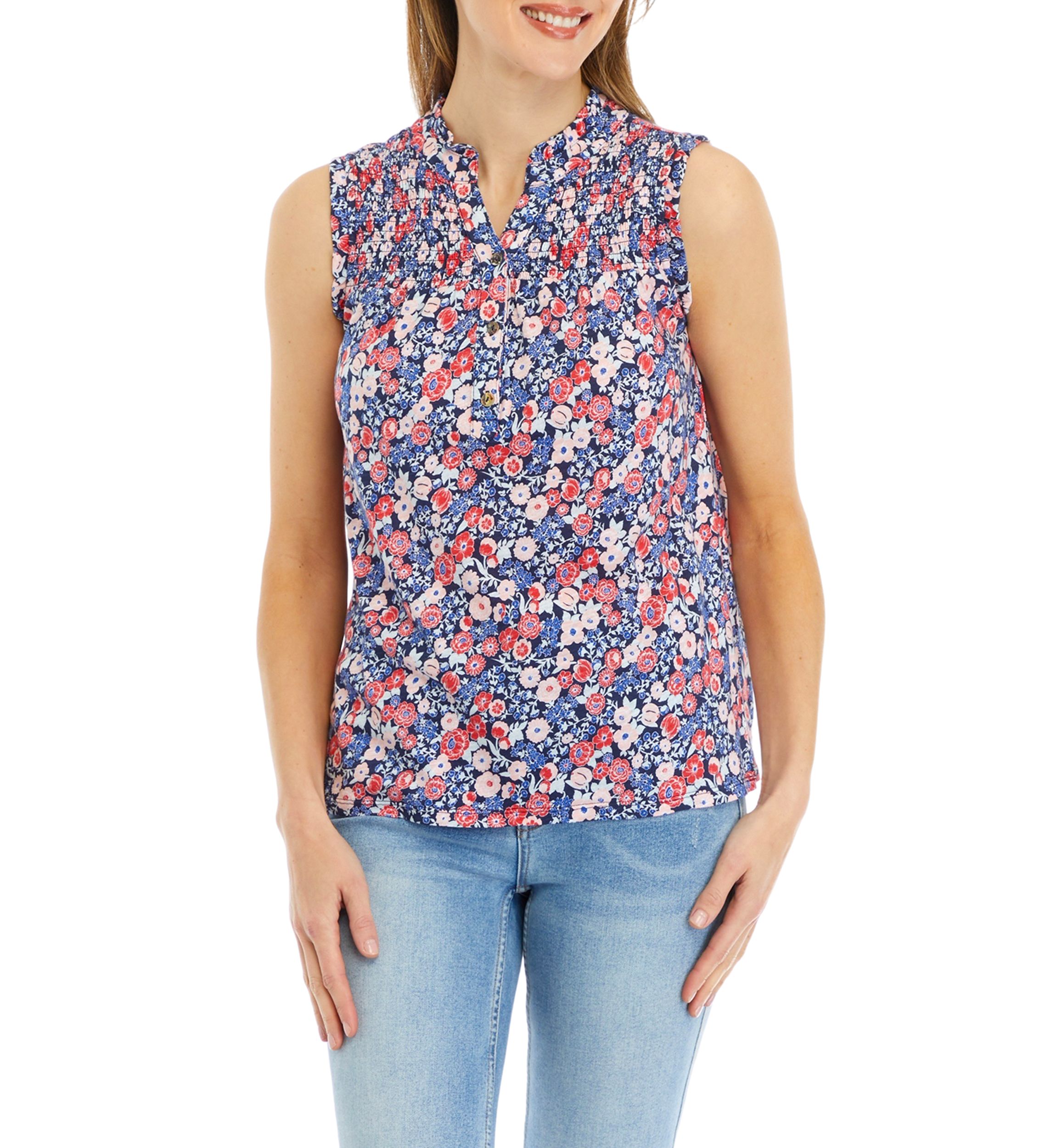 Womens Smocked Printed Split Neck Top