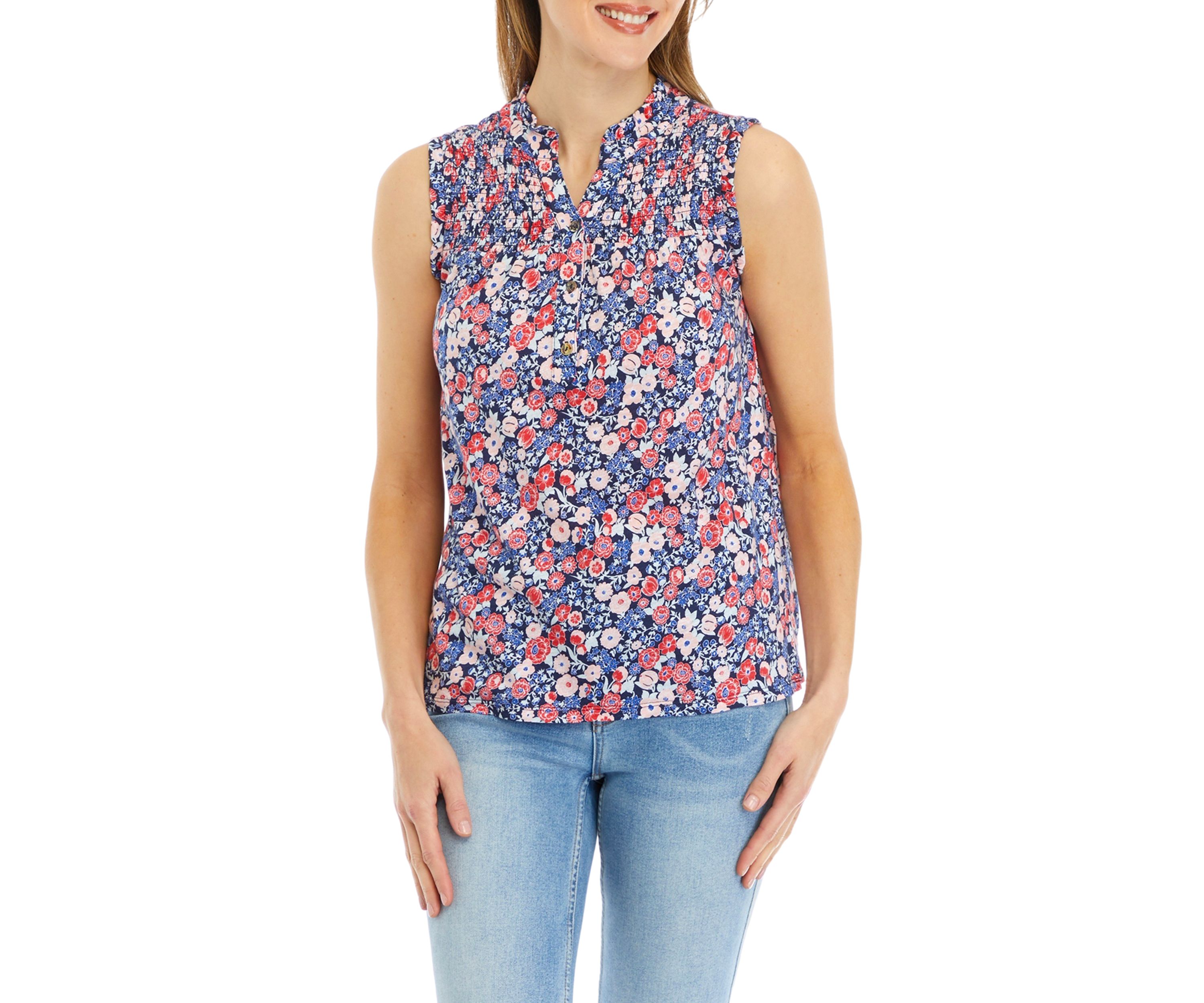 Womens Smocked Printed Split Neck Top