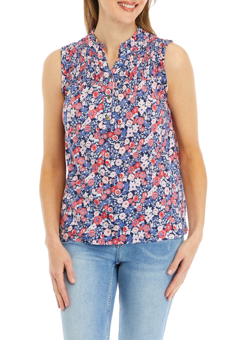 Womens Smocked Printed Split Neck Top