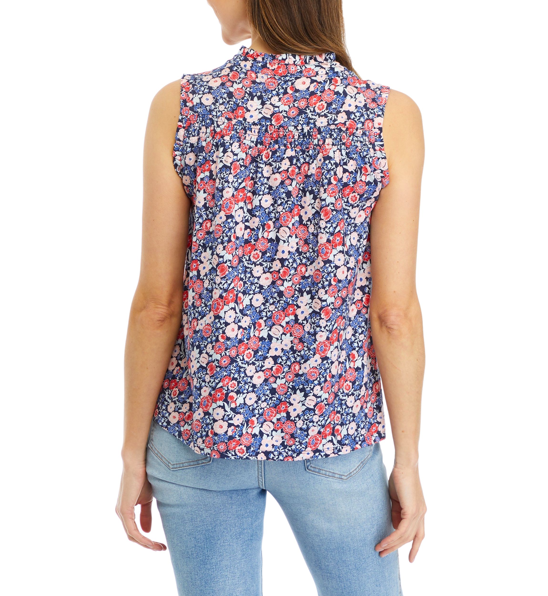 Womens Smocked Printed Split Neck Top