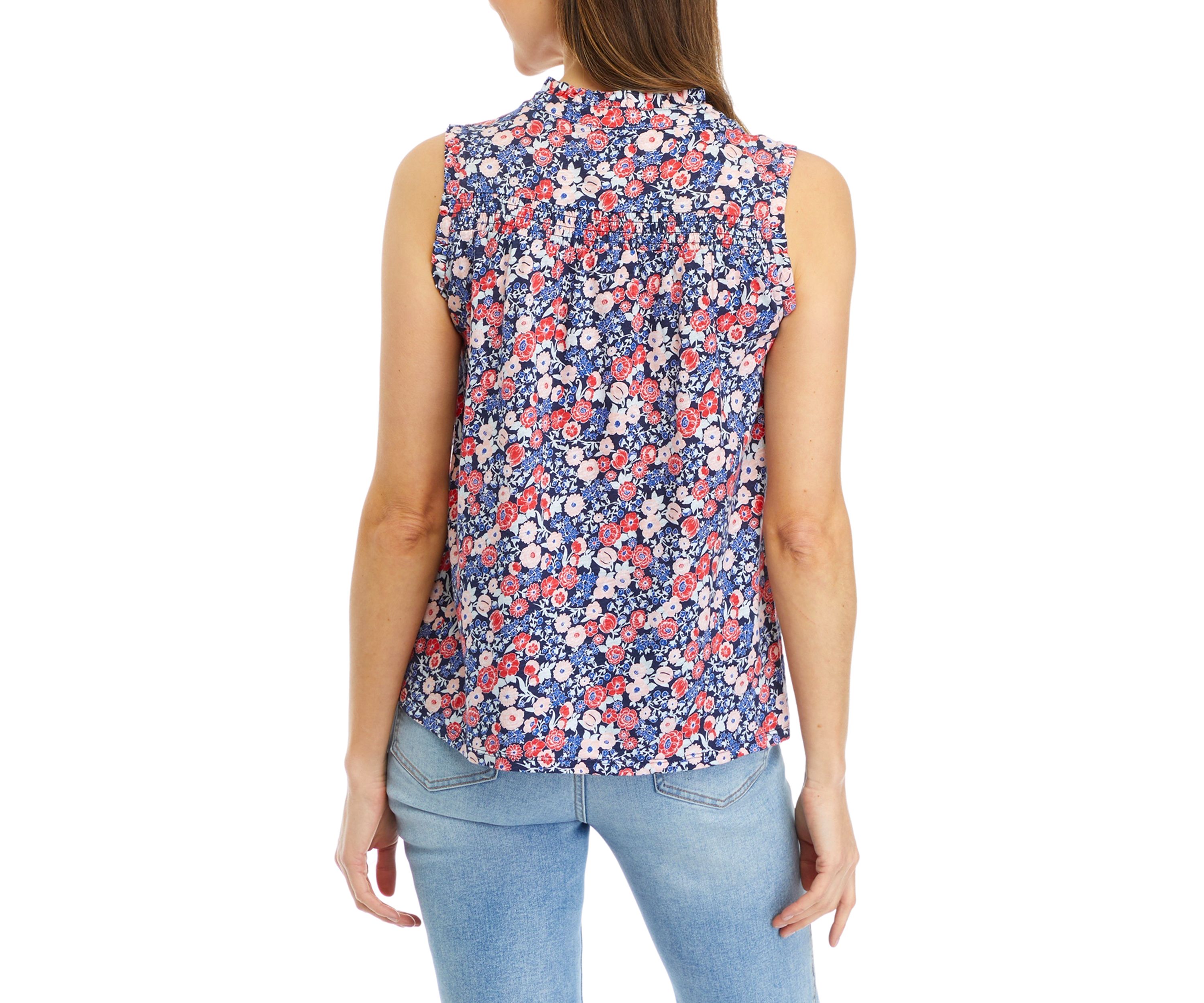 Womens Smocked Printed Split Neck Top