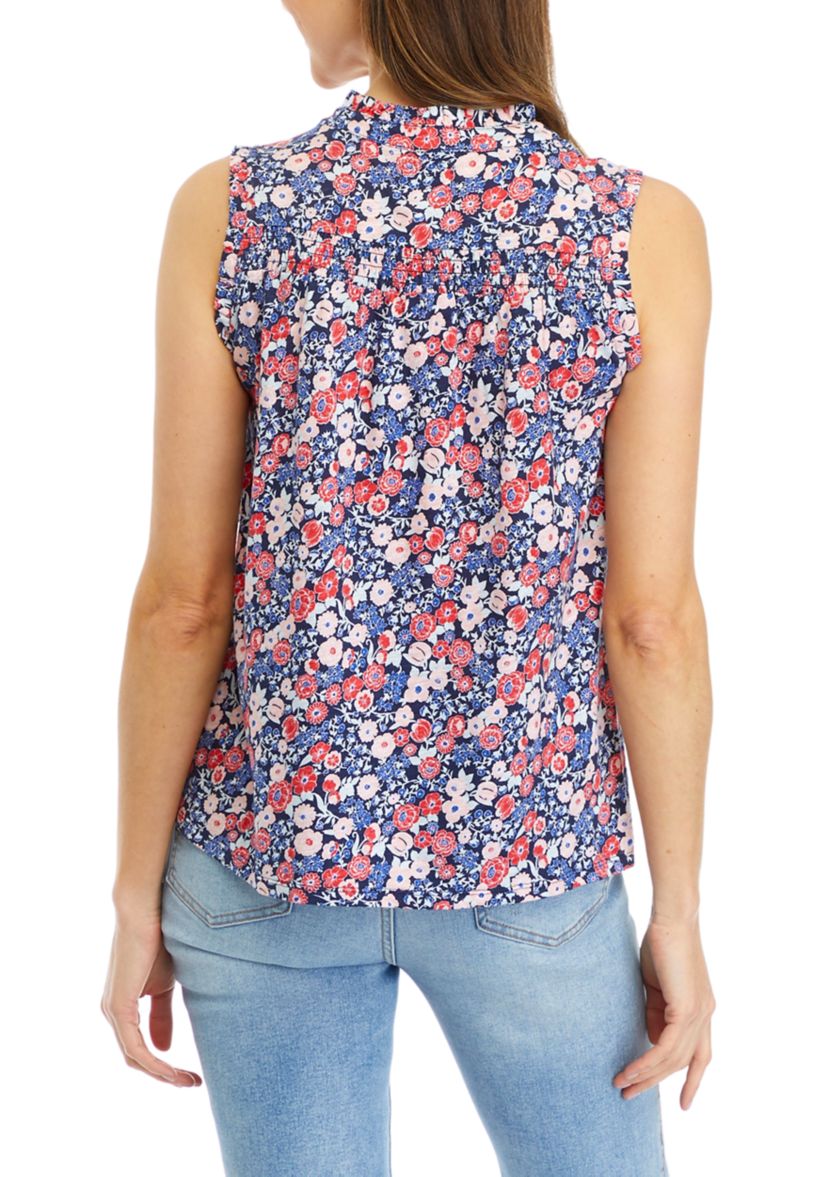 Womens Smocked Printed Split Neck Top