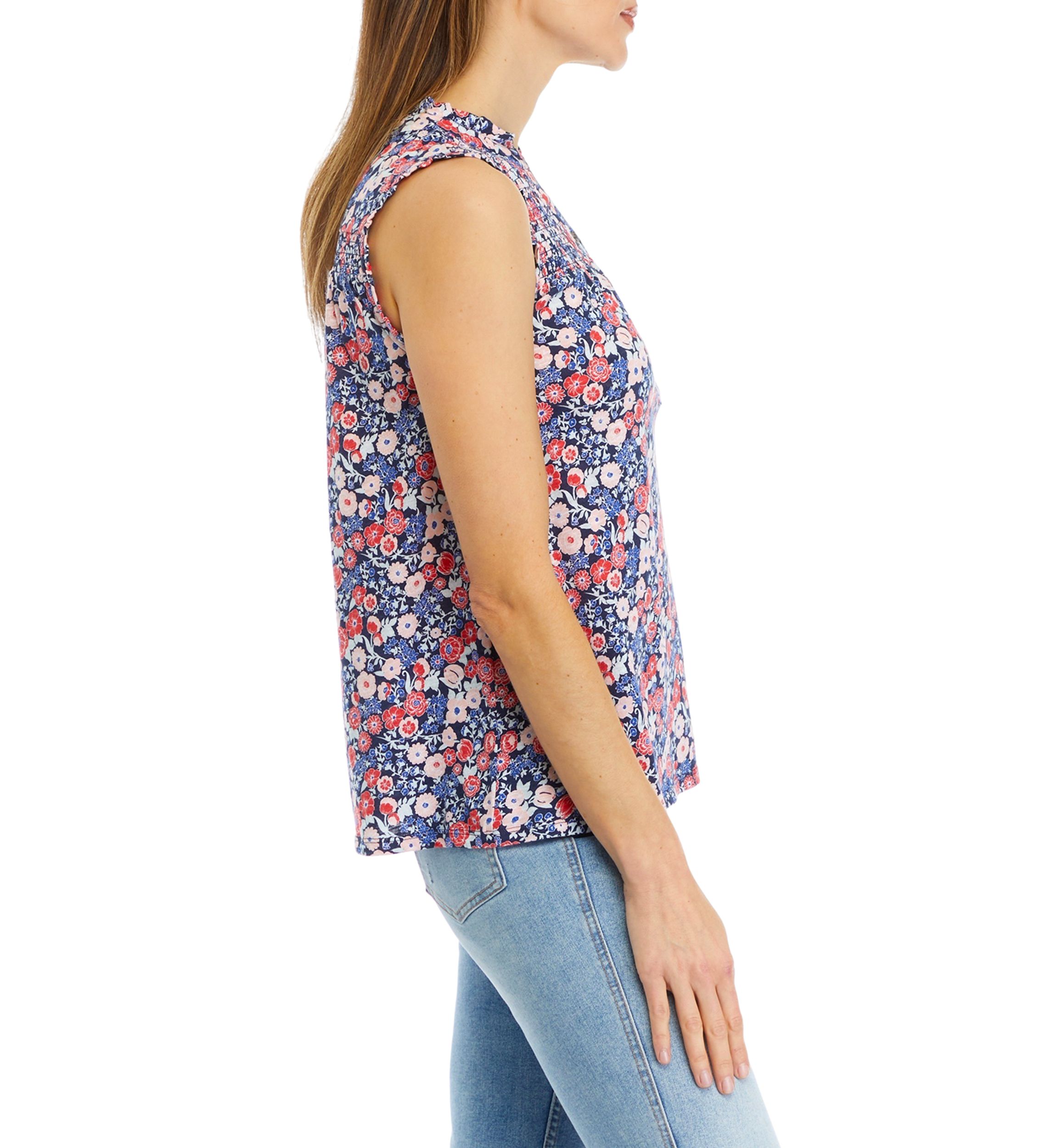 Womens Smocked Printed Split Neck Top