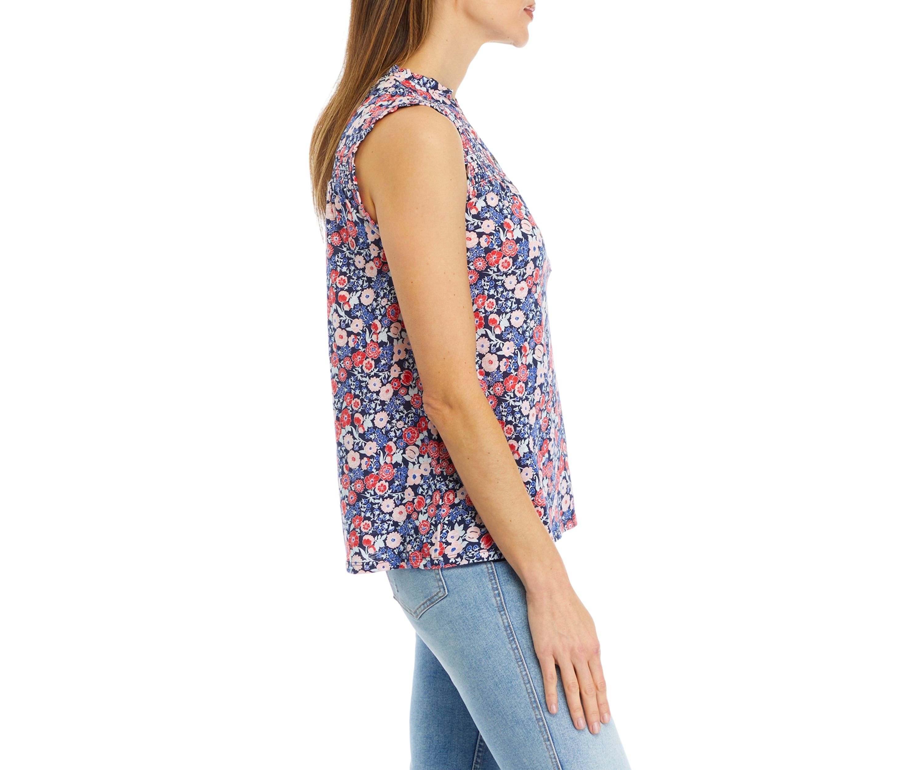 Womens Smocked Printed Split Neck Top