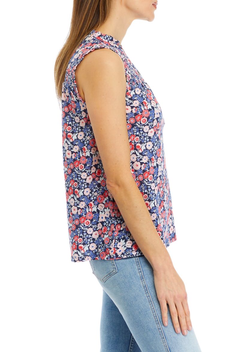Womens Smocked Printed Split Neck Top