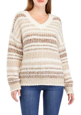 Wonderly Women's Striped V-Neck Sweater, Tan, XL