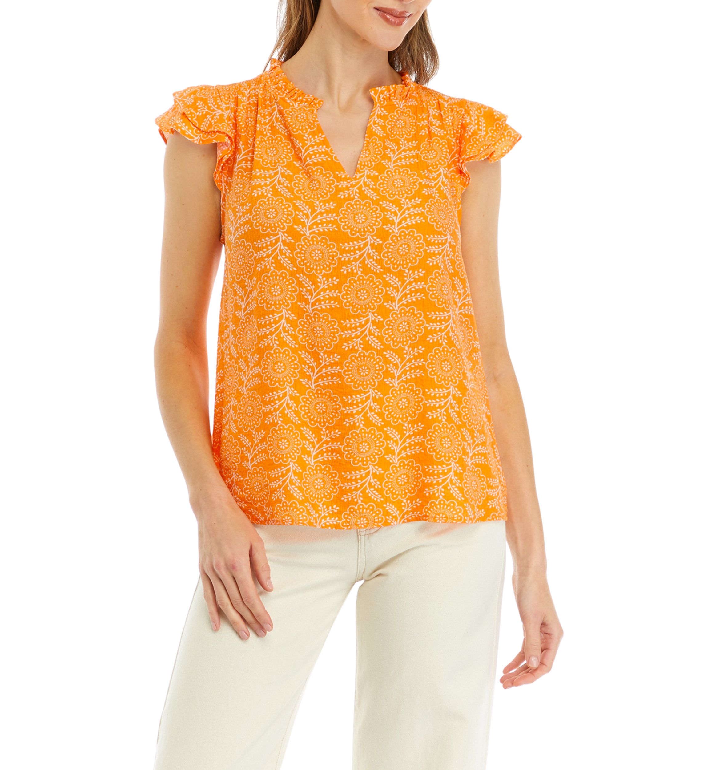 Womens Printed Flutter Sleeve Airflow Blouse
