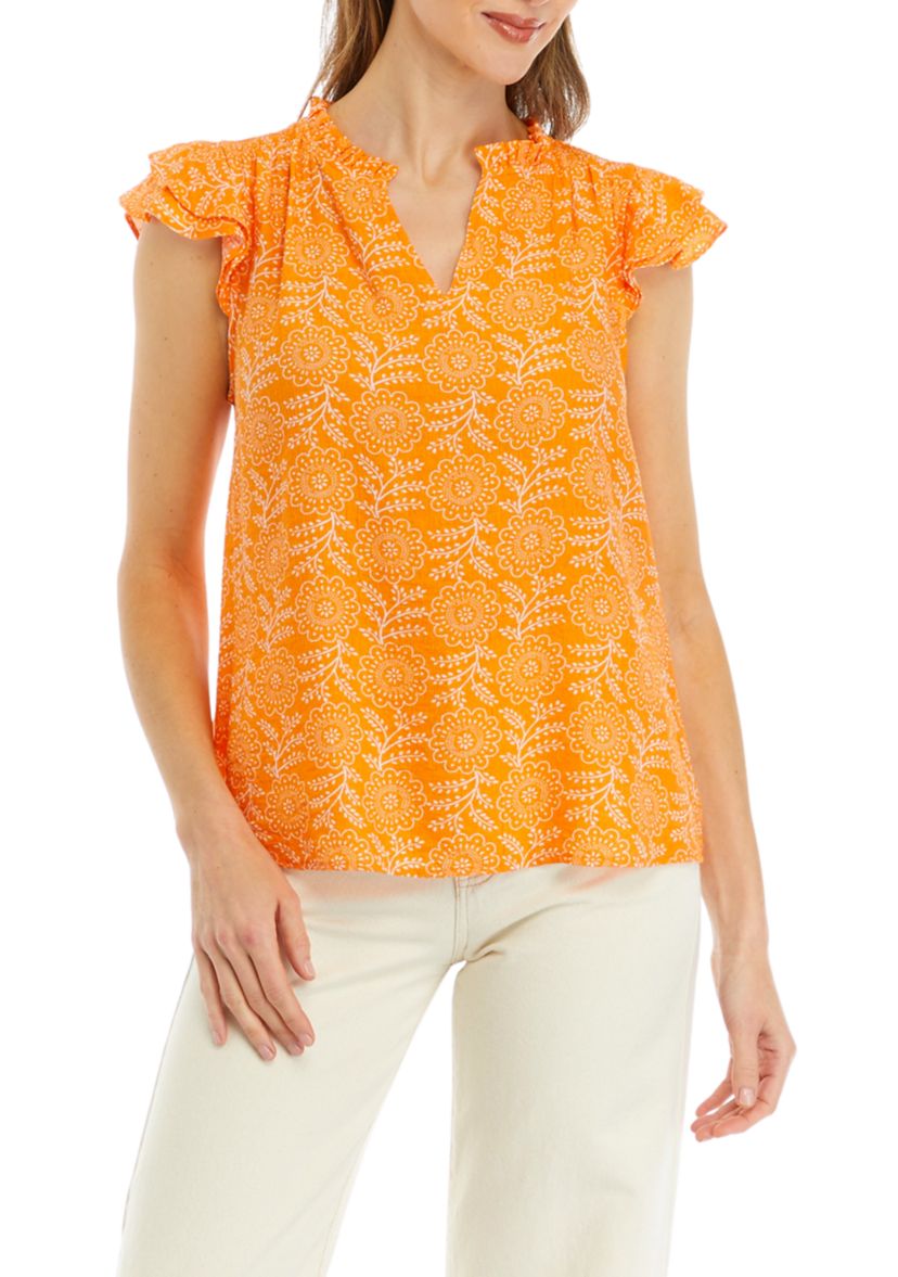 Womens Printed Flutter Sleeve Airflow Blouse