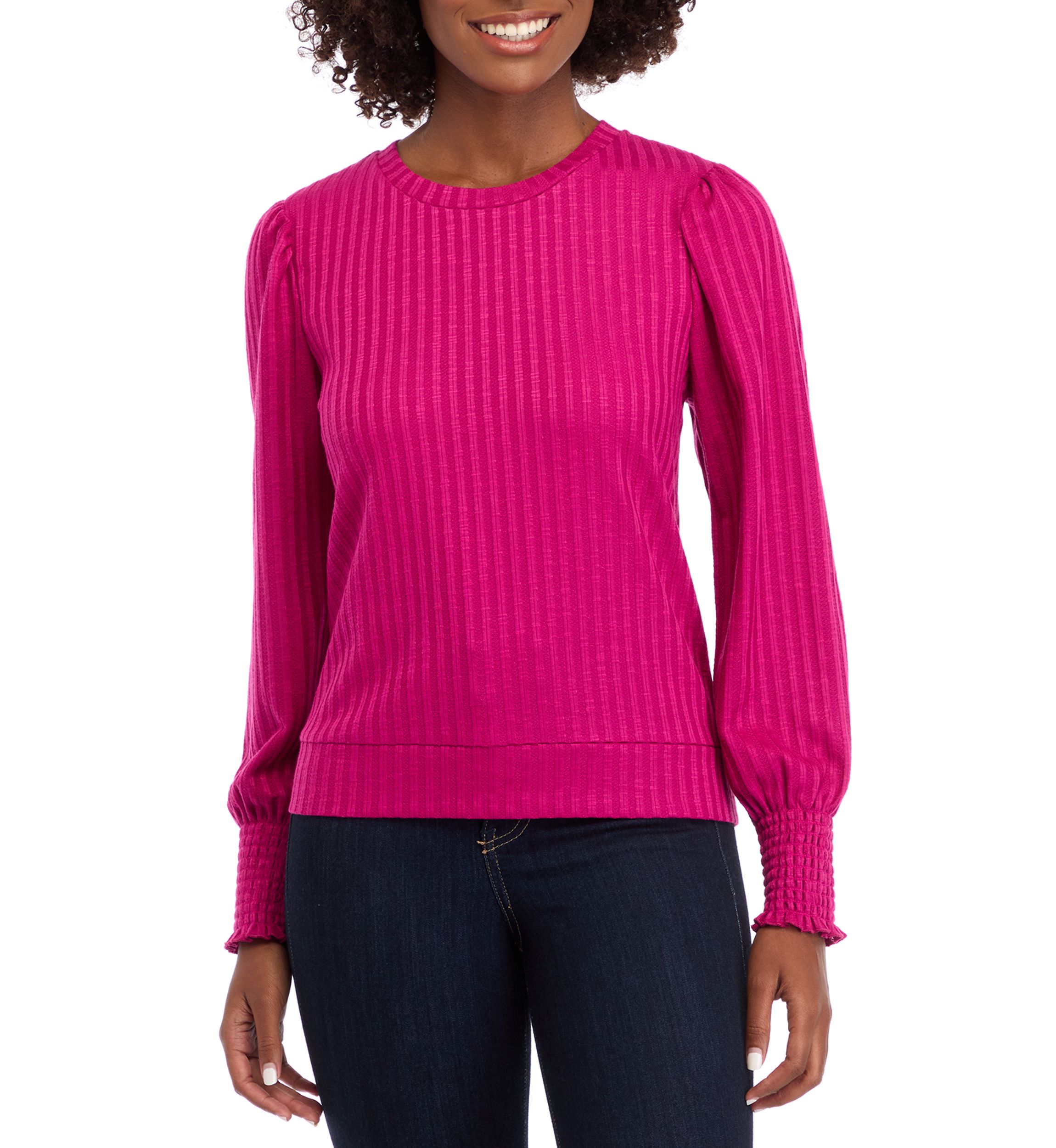 Womens Long Sleeve Smocked Cuff Ribbed Top 