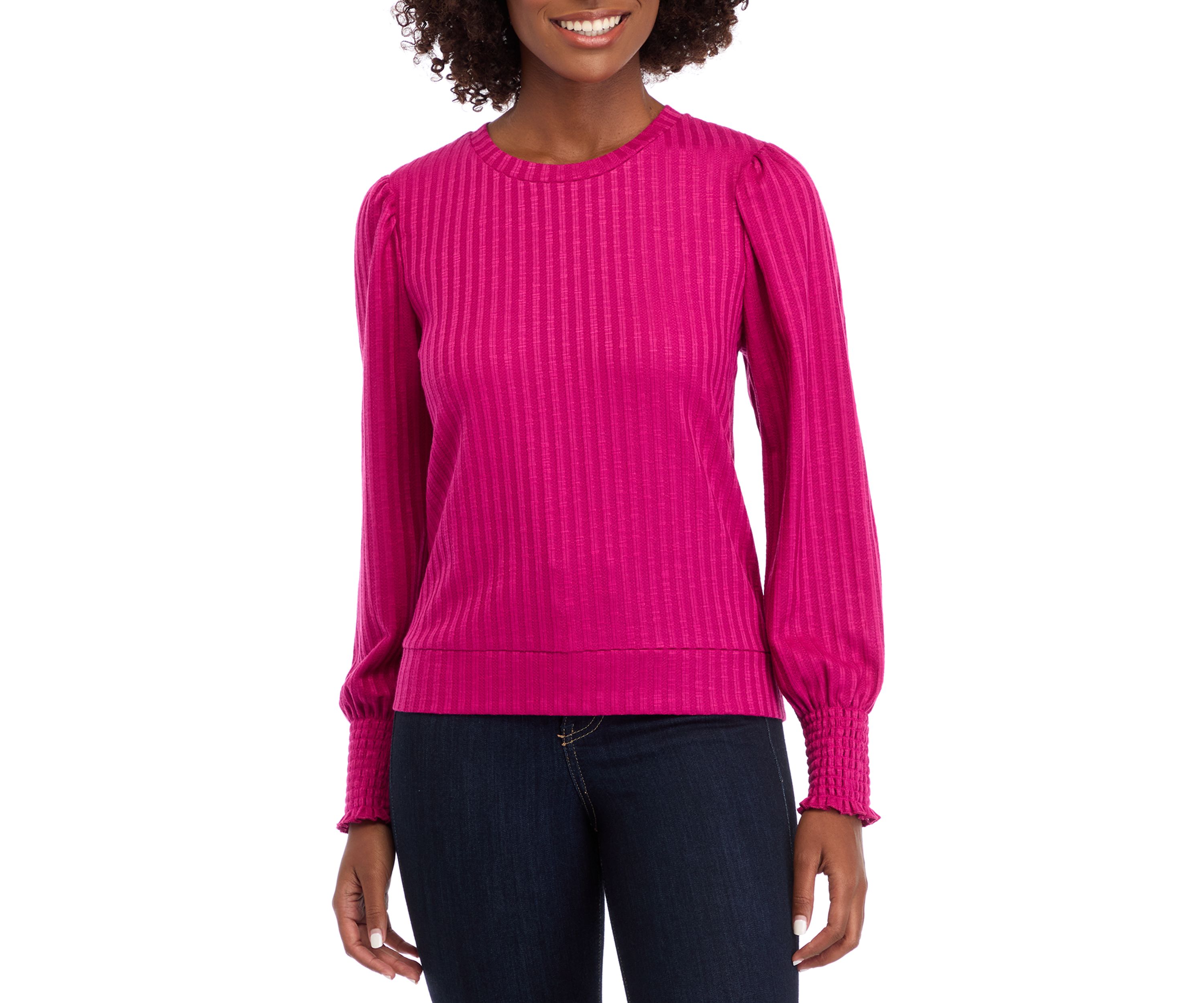 Womens Long Sleeve Smocked Cuff Ribbed Top 