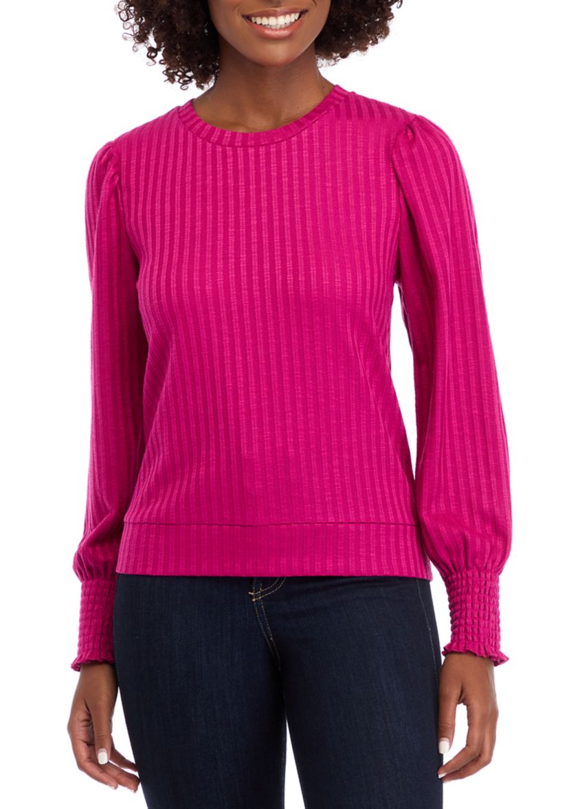 Womens Long Sleeve Smocked Cuff Ribbed Top 