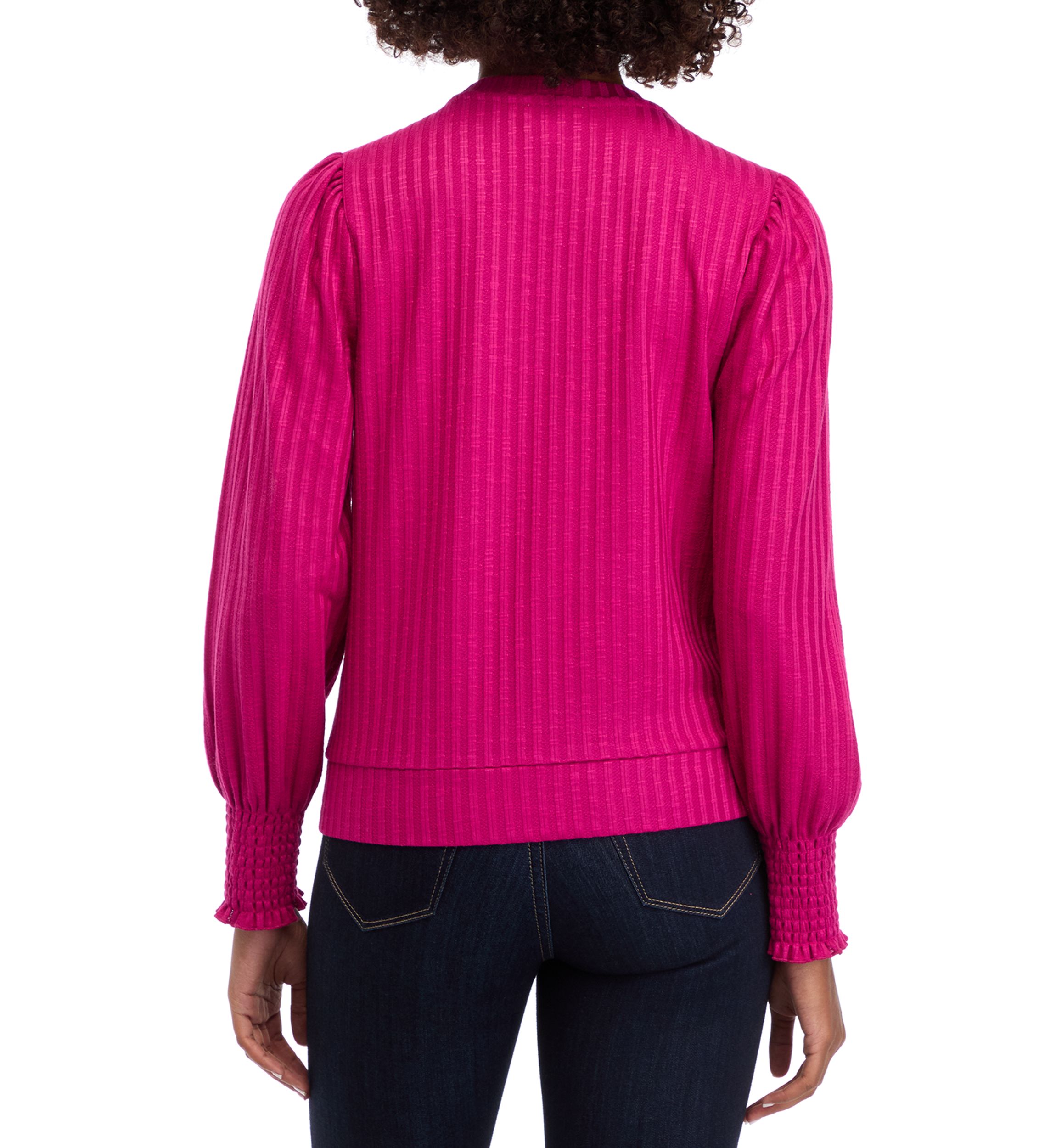 Womens Long Sleeve Smocked Cuff Ribbed Top 