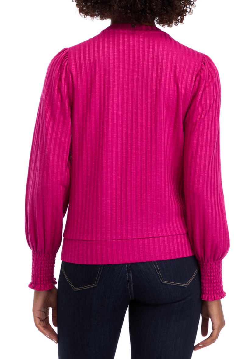 Womens Long Sleeve Smocked Cuff Ribbed Top 