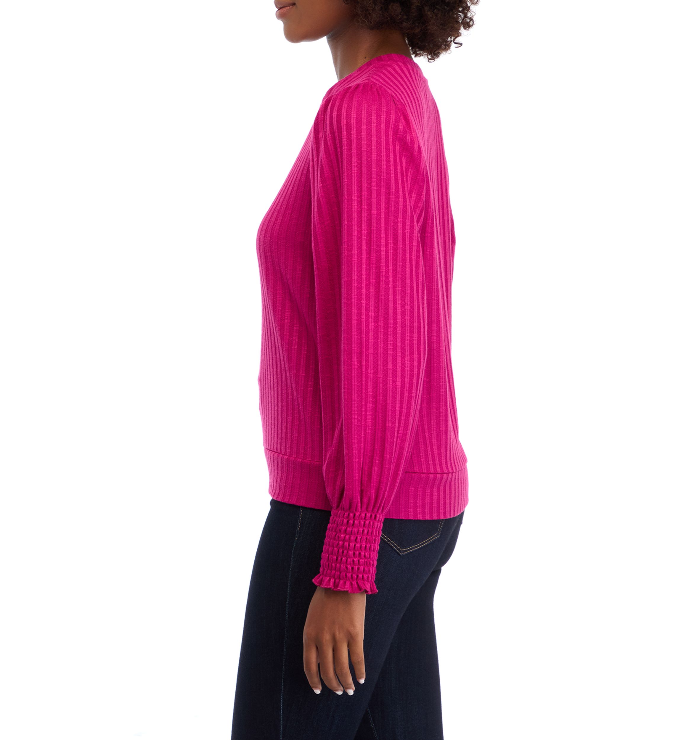 Womens Long Sleeve Smocked Cuff Ribbed Top 