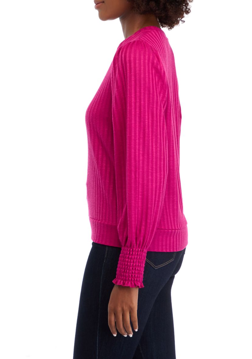Womens Long Sleeve Smocked Cuff Ribbed Top 