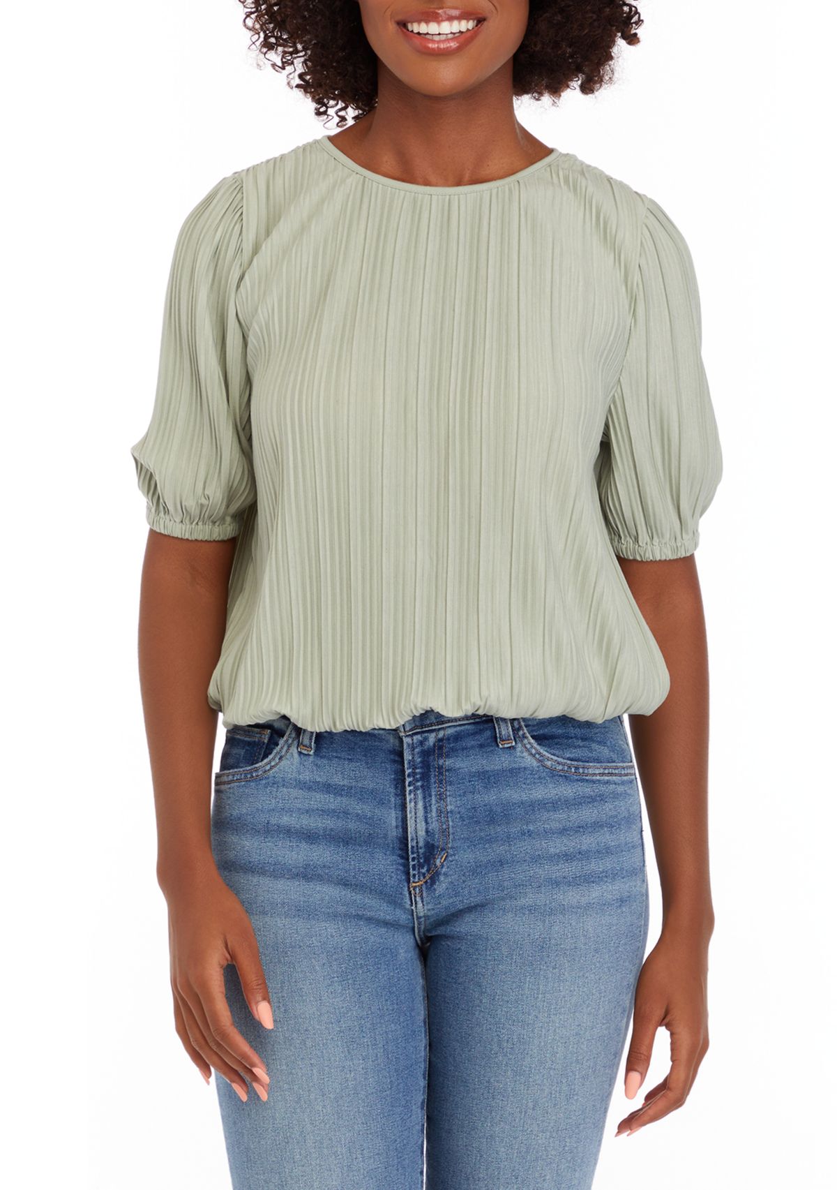 Womens Puff Sleeve Bubble Hem Top