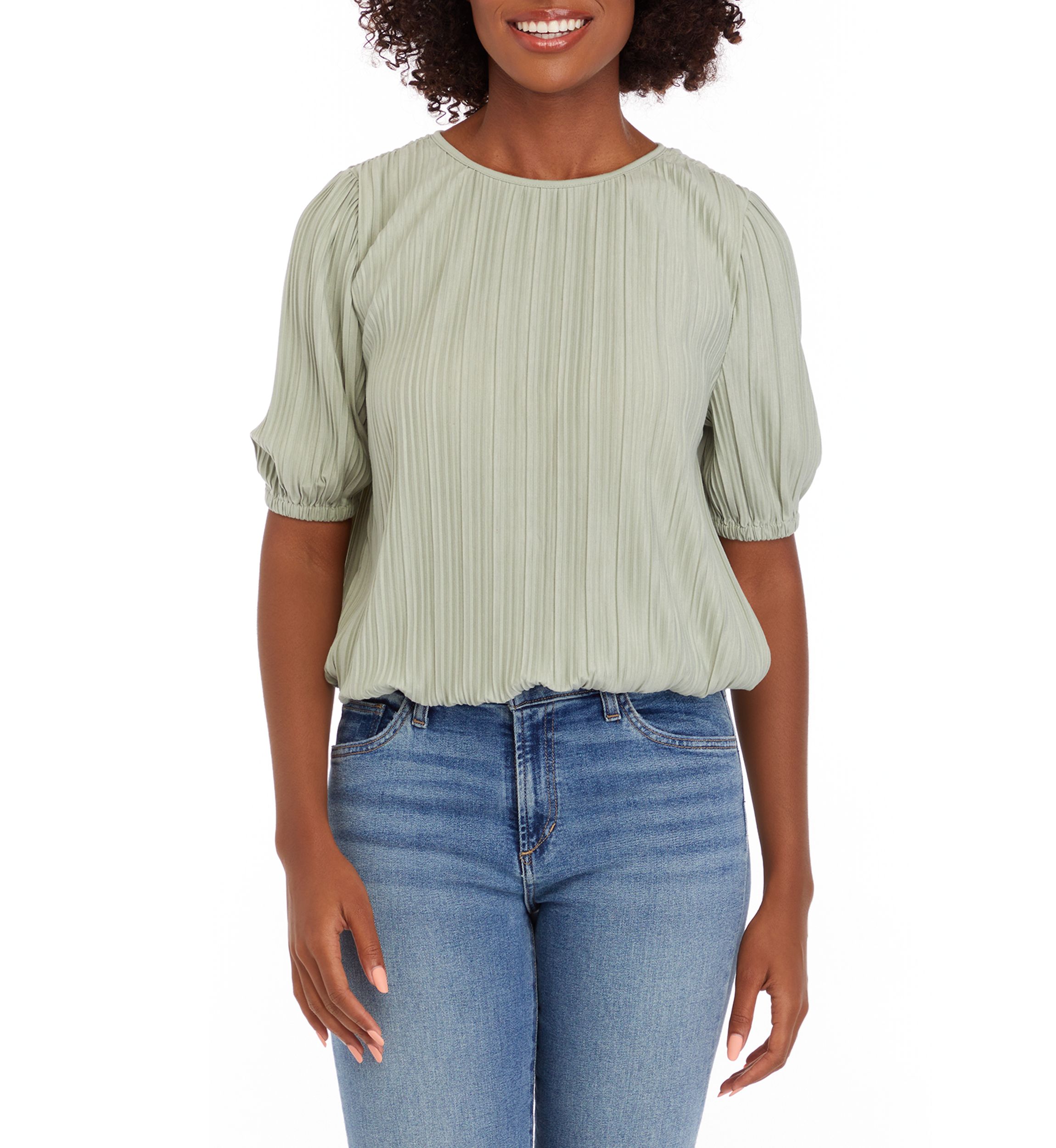 Womens Puff Sleeve Bubble Hem Top